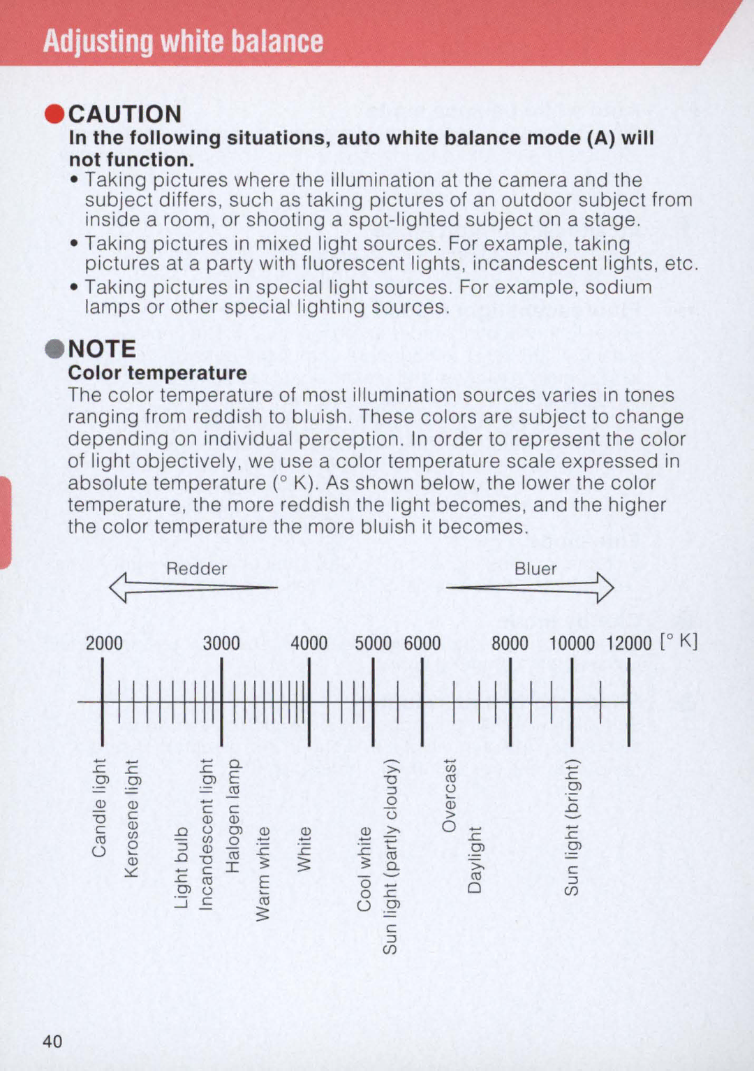 Nikon E2 instruction manual Adjusting white balance, Color temperature 