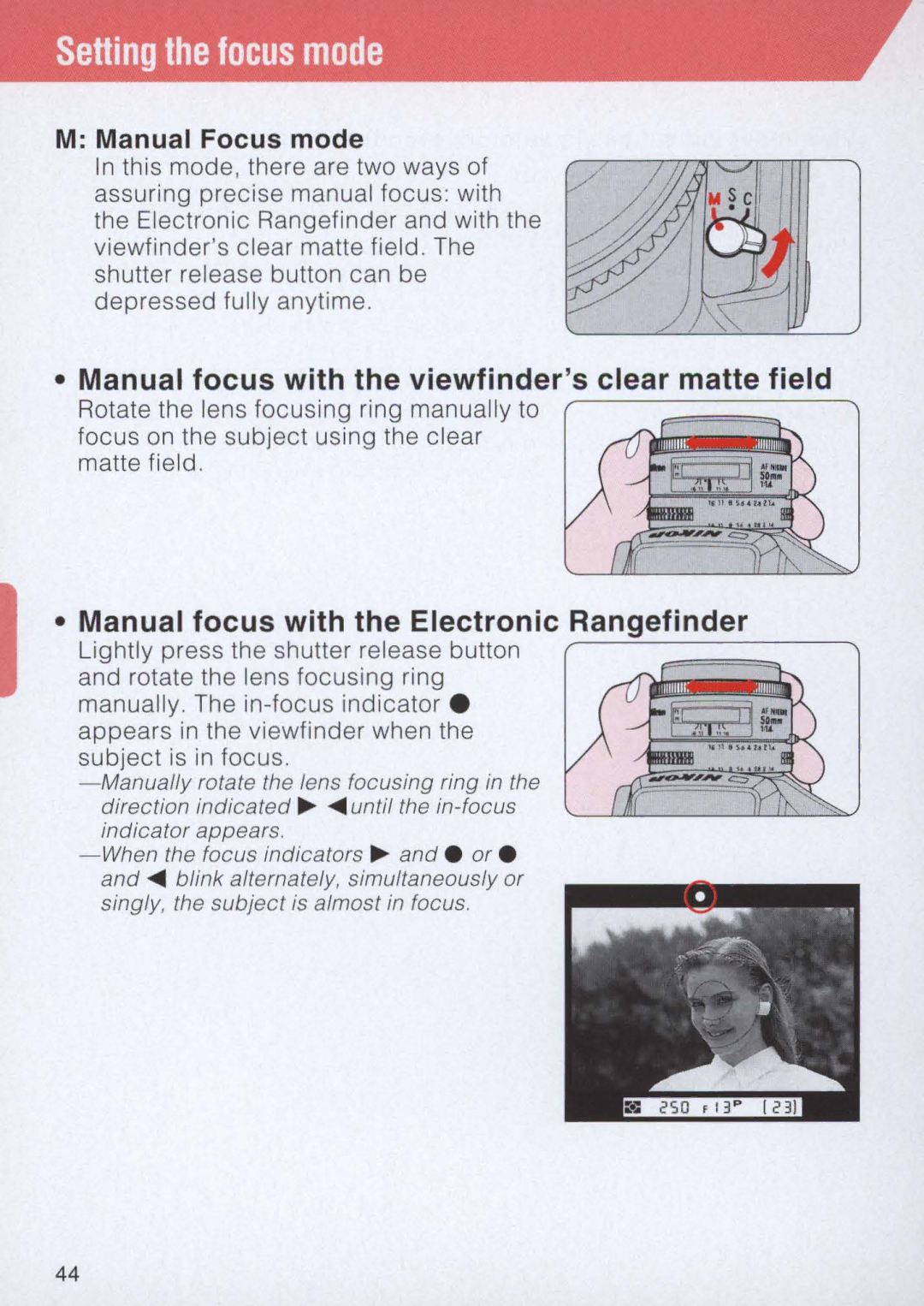 Nikon E2 instruction manual Setting the focus mode, Manual Focus mode 