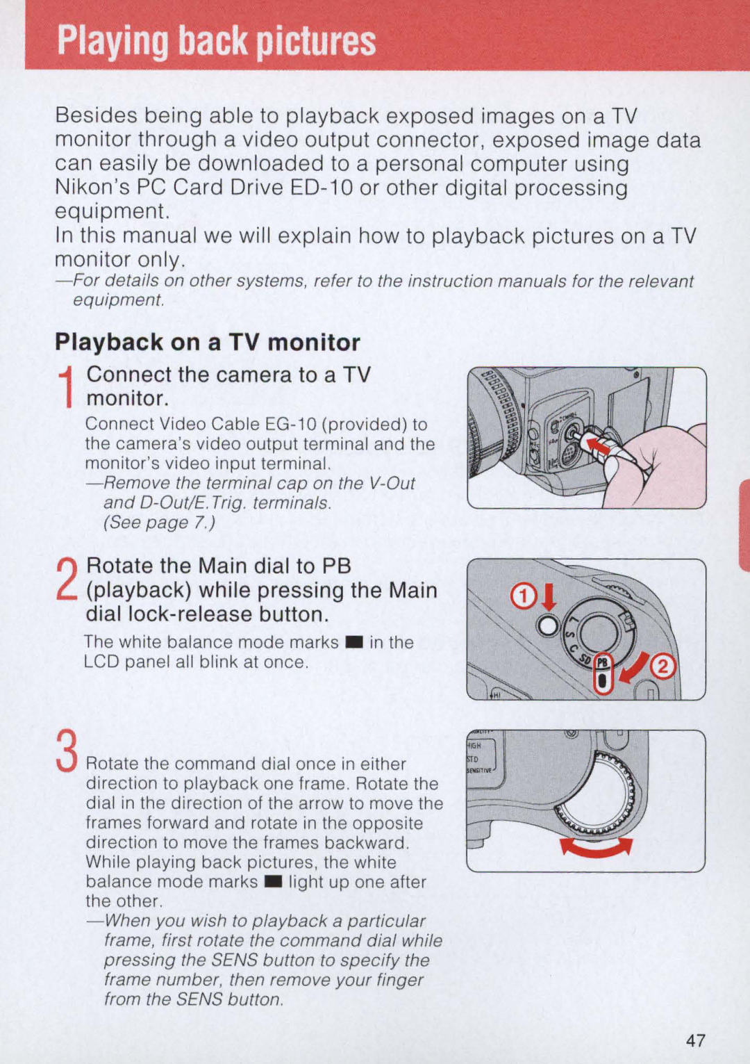 Nikon E2 instruction manual Playing back pictures, Playback on a TV monitor 