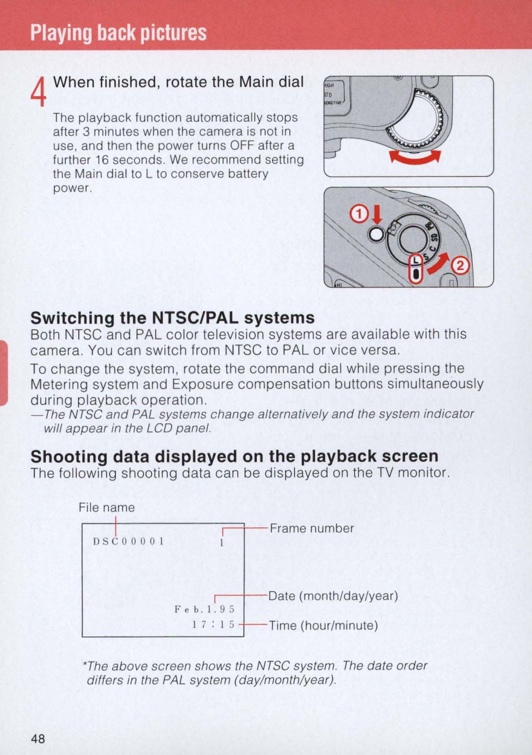 Nikon E2 Playing back pictures, Switching the NTSC/PAL systems, Shooting data displayed on the playback screen 