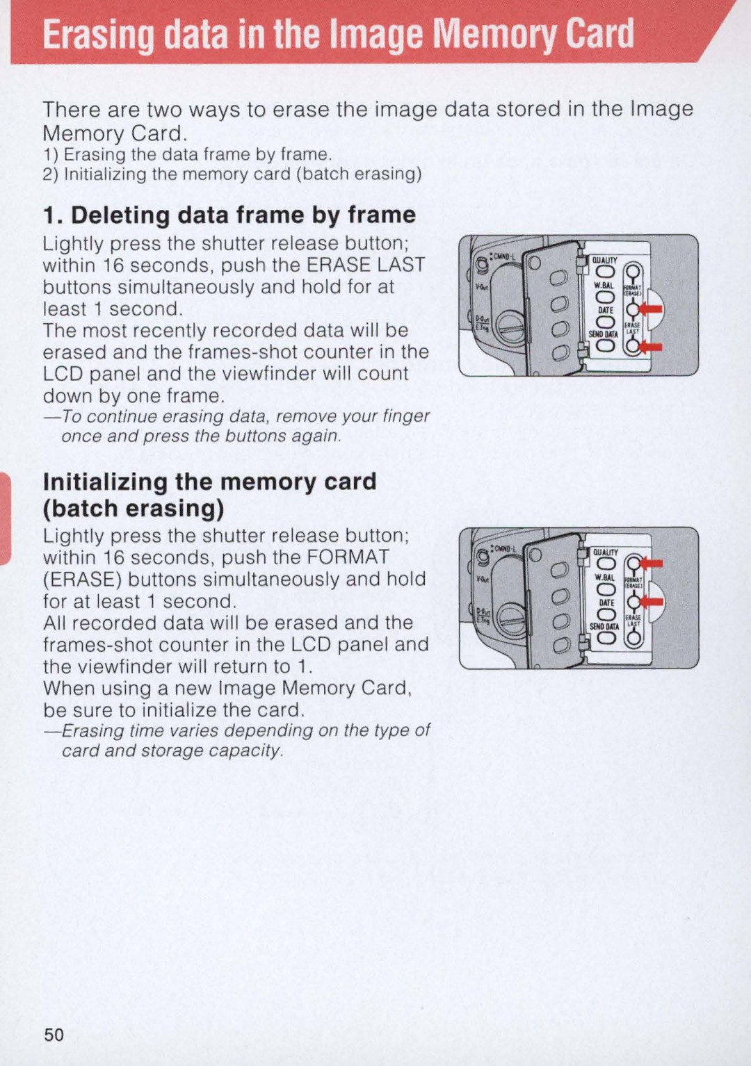 Nikon E2 instruction manual Erasing data in the Image Memory Card 