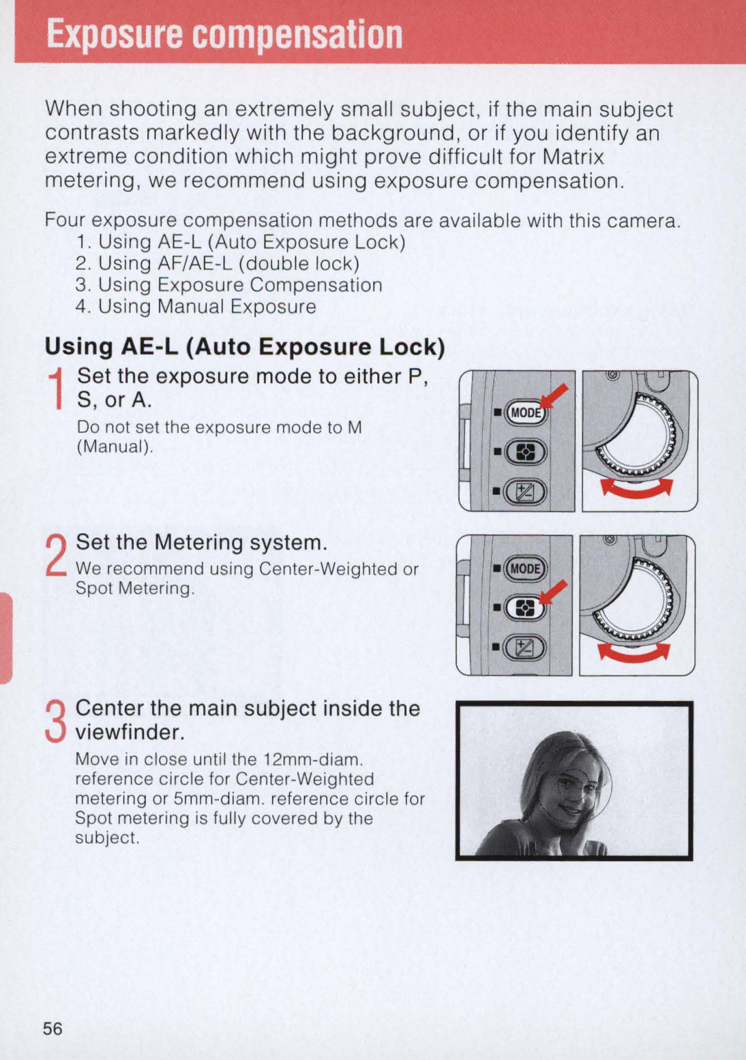 Nikon E2 Using AE-L Auto Exposure Lock, 1Set the exposure mode to either P, S, or a, Set the Metering system 