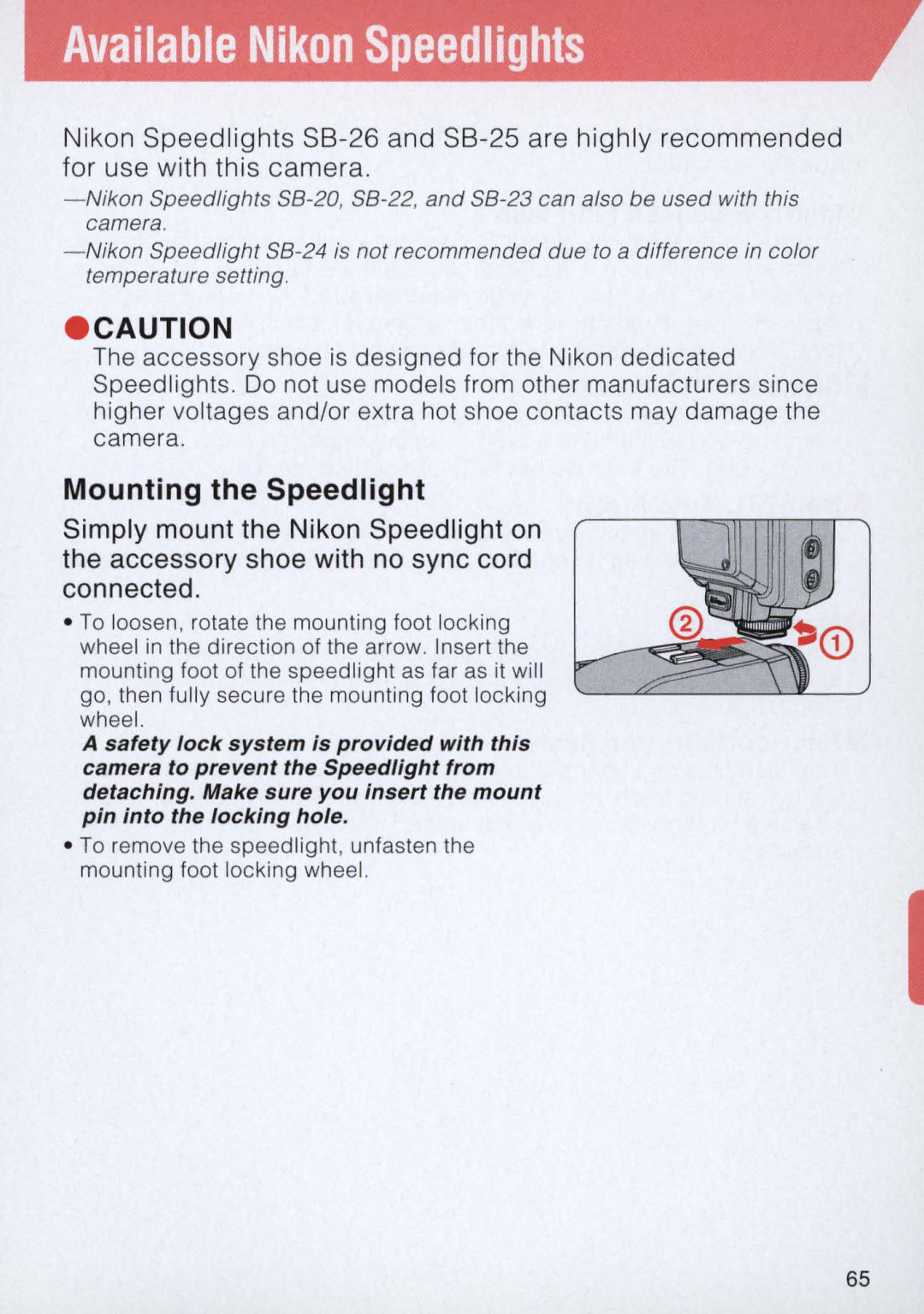 Nikon E2 instruction manual Available Nikon Speedlights, Mounting the Speed light 