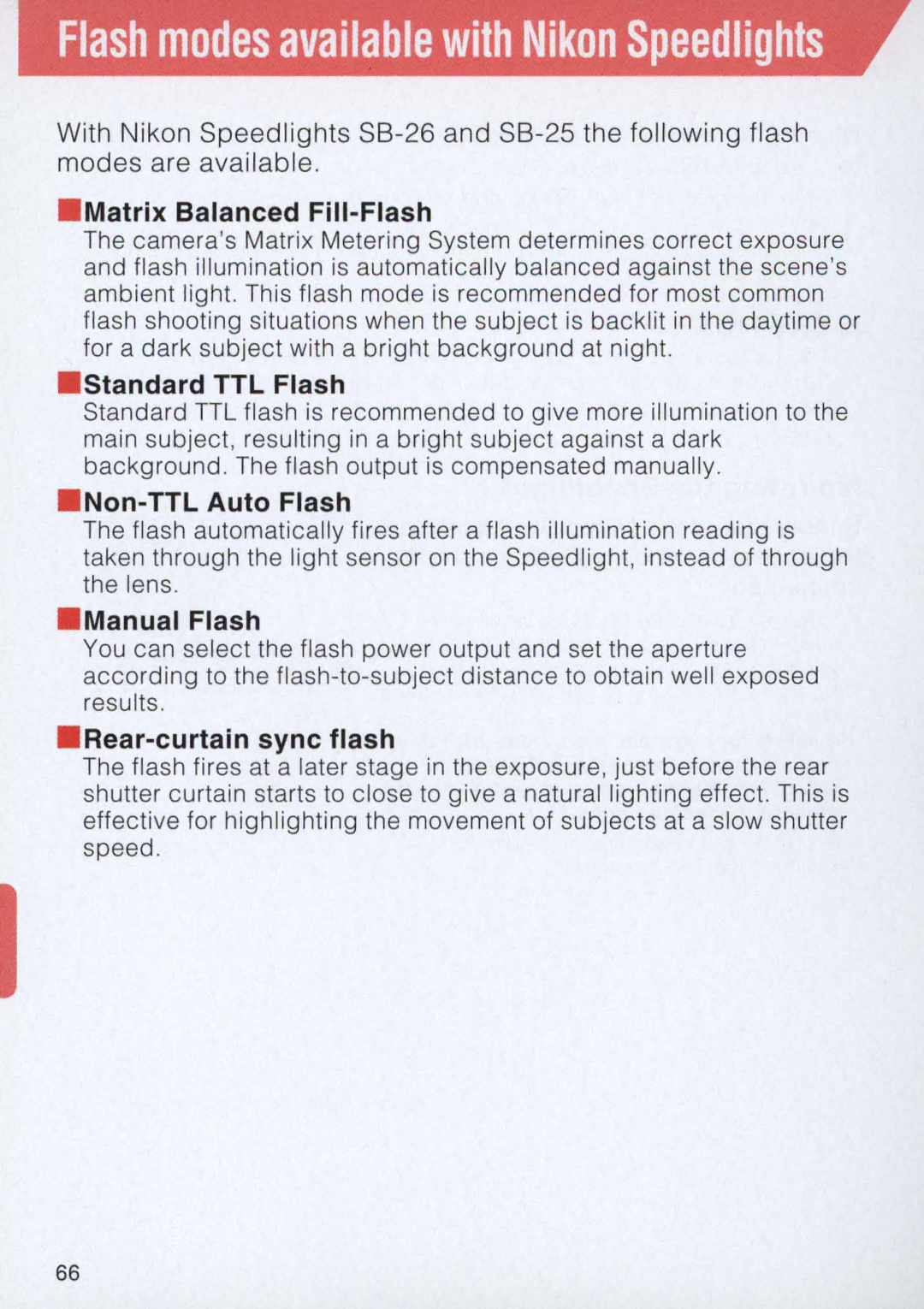 Nikon E2 instruction manual Flash modes available with Nikon Speedlights 