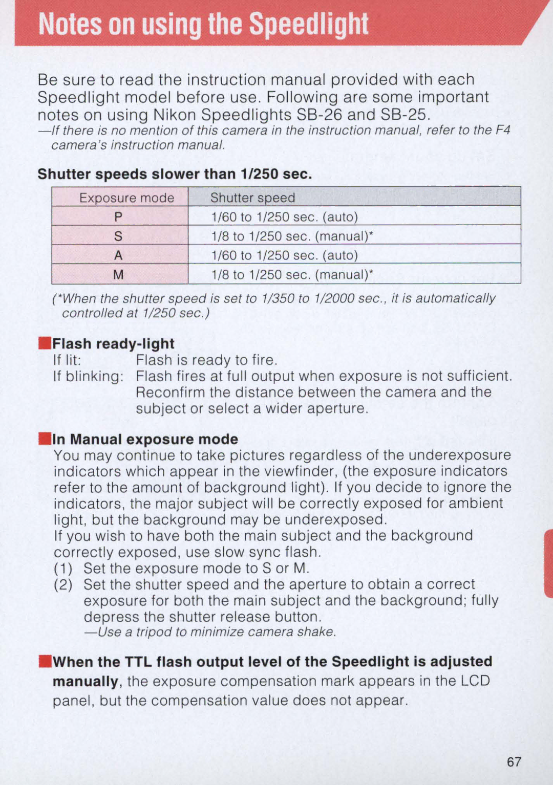 Nikon E2 instruction manual Shutter speeds slower than 1/250 sec, Flash ready-light, Manual exposure mode 