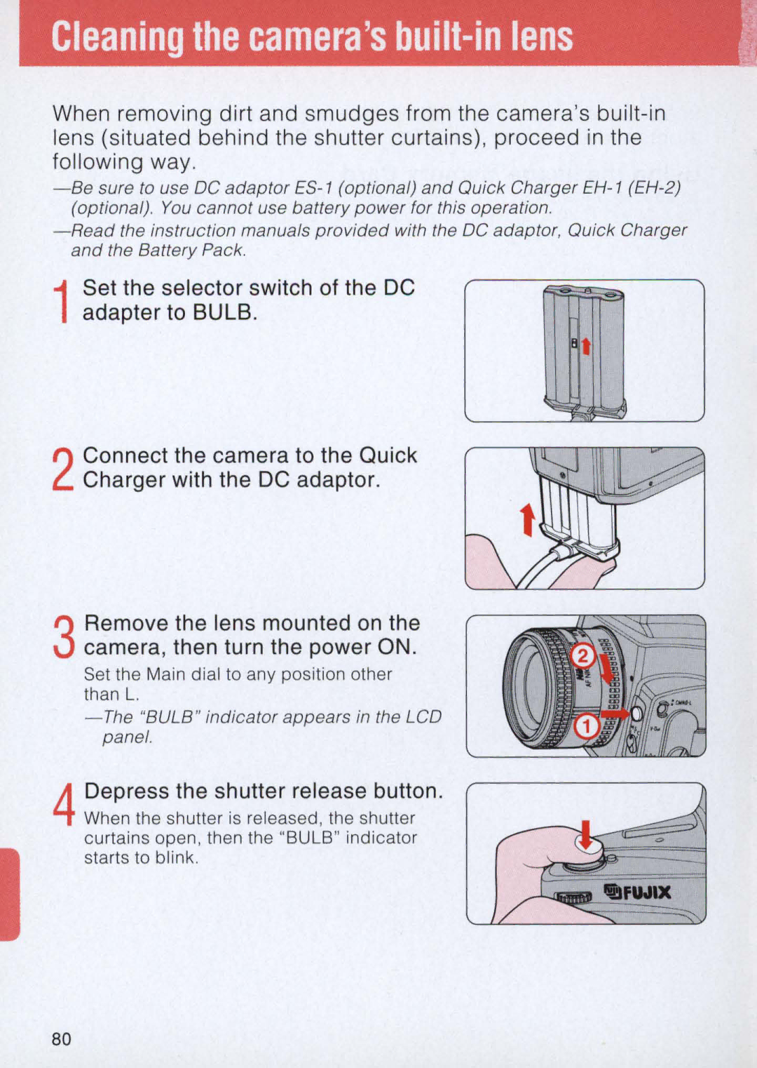 Nikon E2 instruction manual Cleaning the camerasbuilt-in lens, Depress the shutter release button 