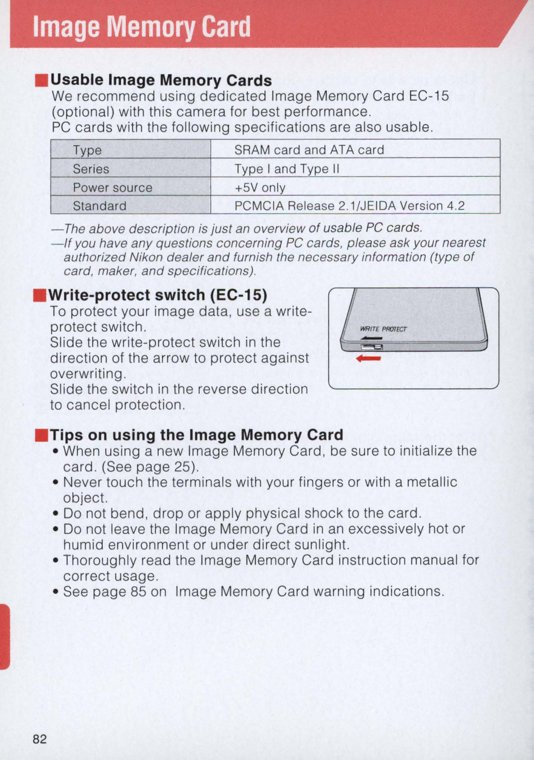 Nikon E2 instruction manual Usable Image Memory Cards, Write-protect switch EC-1S, Tips on using the Image Memory Card 