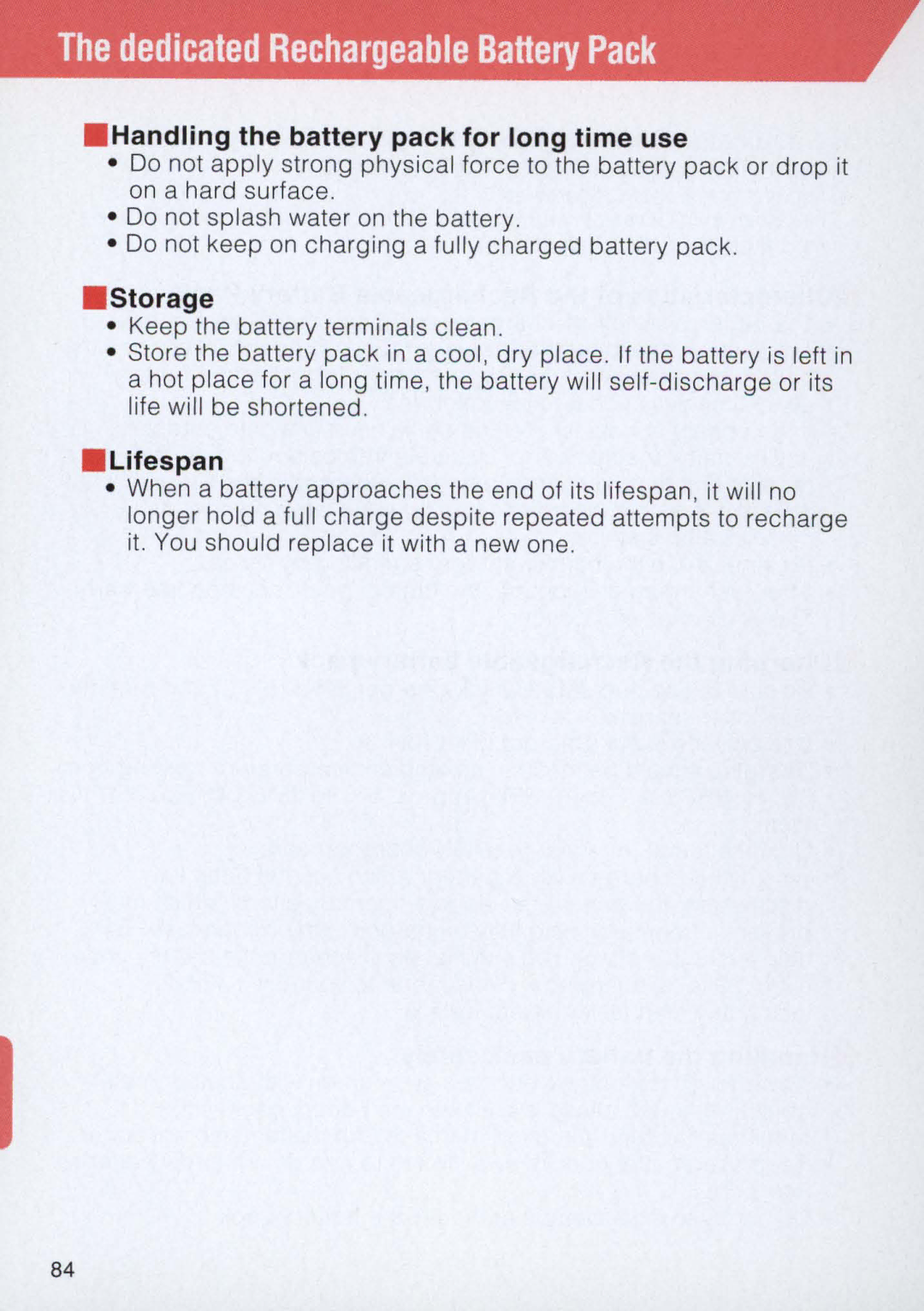 Nikon E2 Dedicated Rechargeable Battery Pack, Handling the battery pack for long time use, Storage, Lifespan 