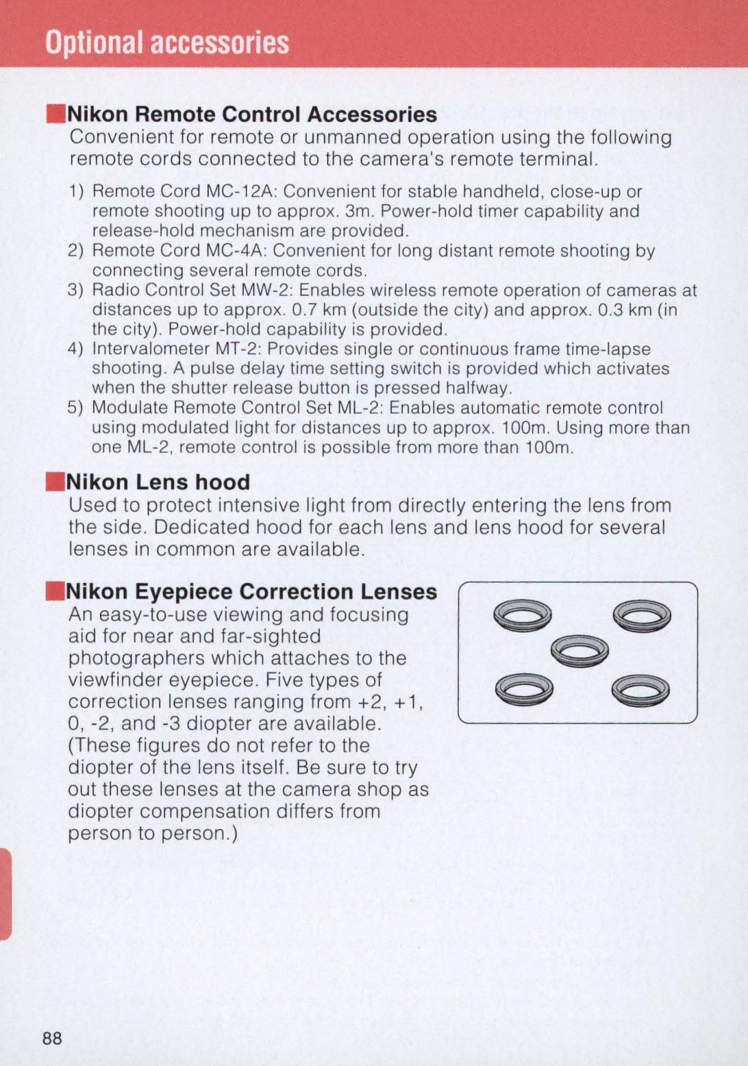 Nikon E2 instruction manual Nikon Remote Control Accessories, Nikon Lens hood, Nikon Eyepiece Correction Lenses 