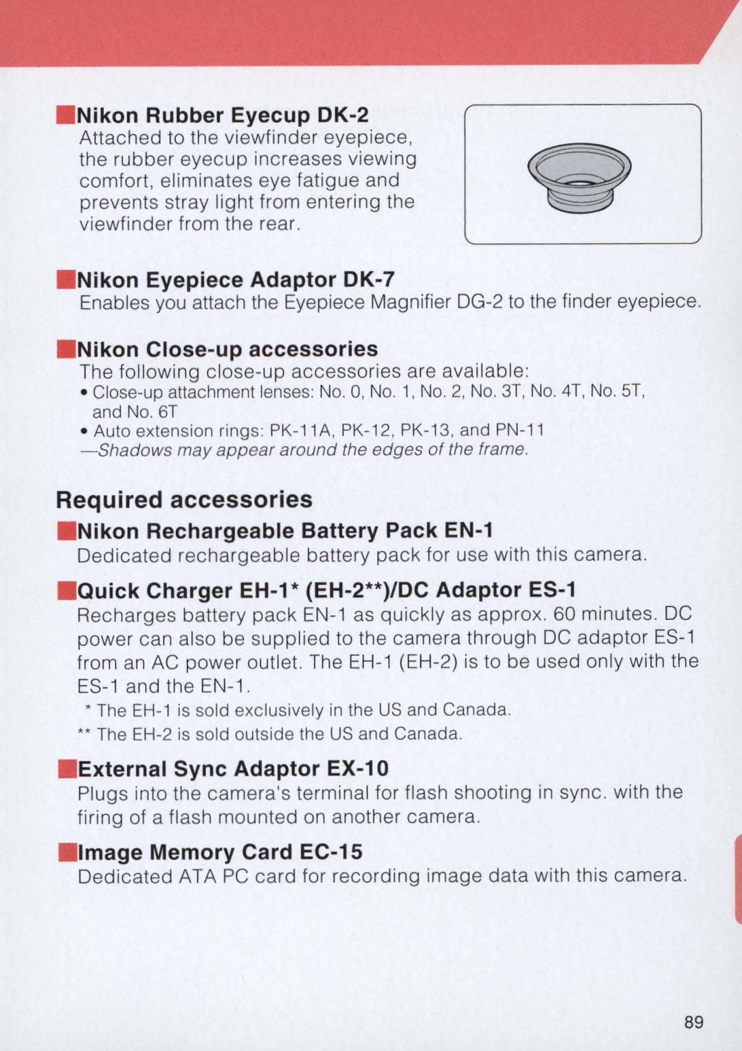 Nikon E2 · Nikon Rubber Eyecup DK-2, Nikon Eyepiece Adaptor DK-7, Nikon Close-up accessories, External Sync Adaptor EX-10 