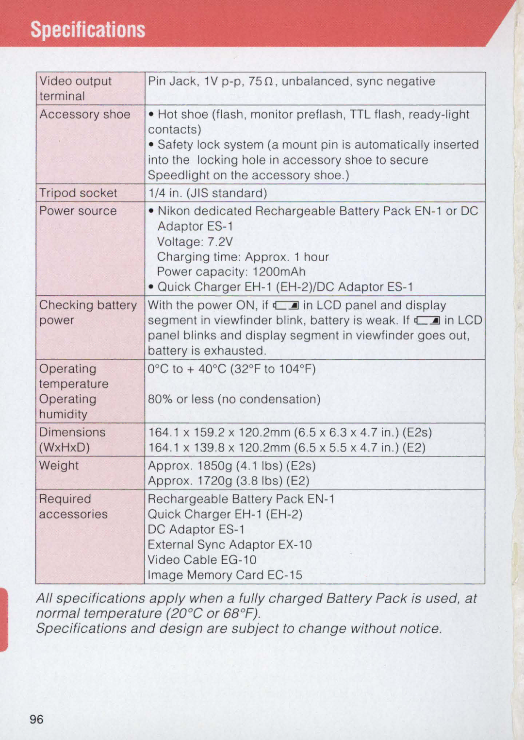 Nikon E2 instruction manual Specifications 