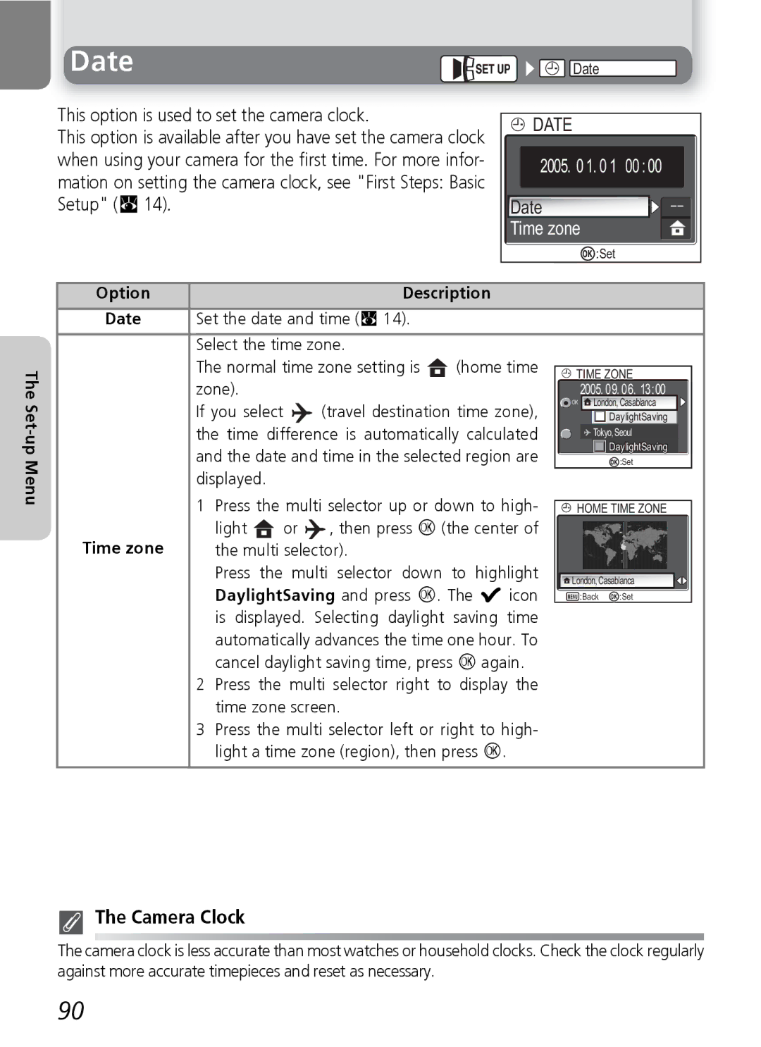 Nikon E5600, E4600 manual Time zone, Camera Clock, Set-up Menu Option Description Date Set the date and time Q 