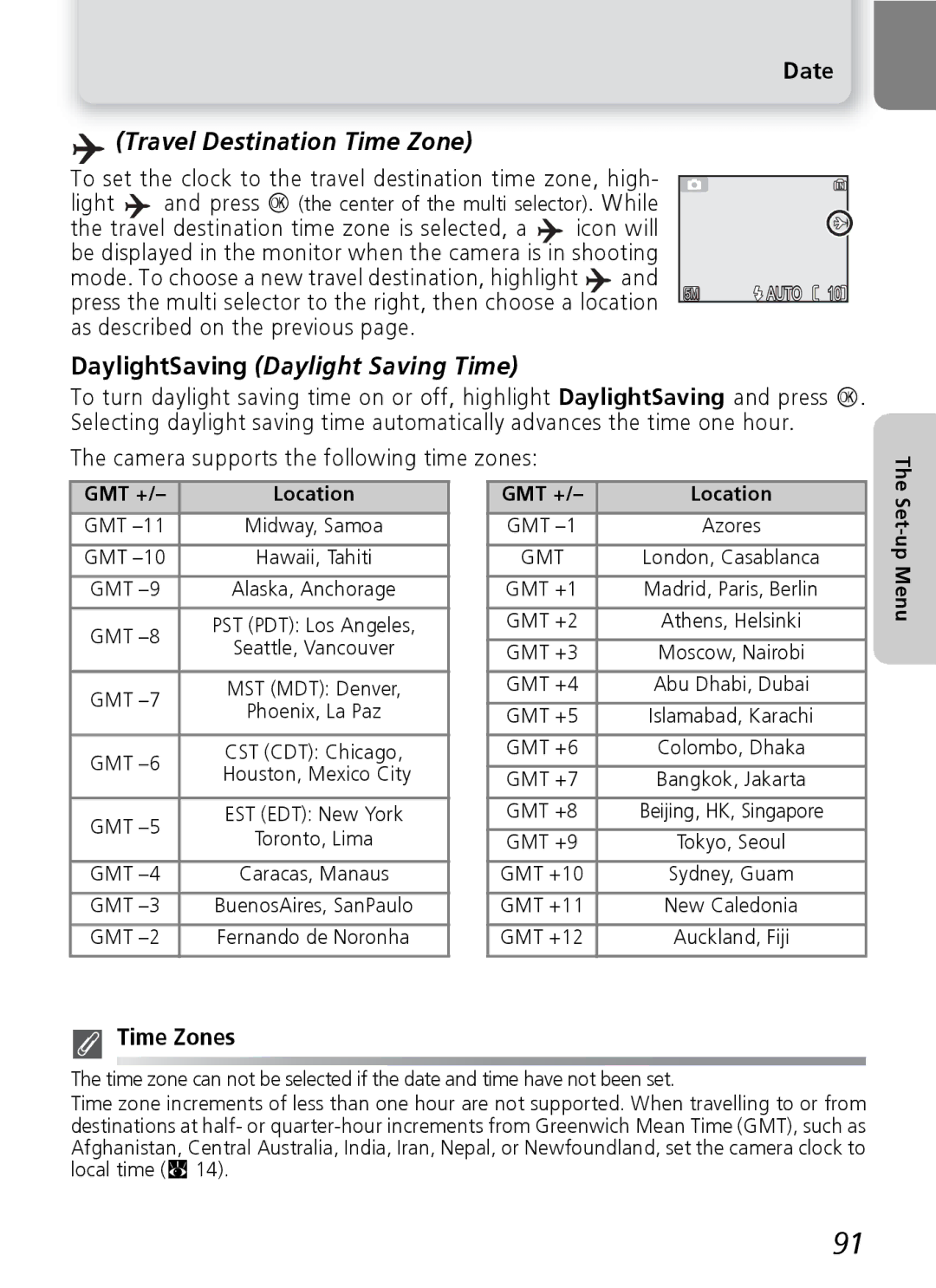 Nikon E4600, E5600 manual To set the clock to the travel destination time zone, high, Time Zones, GMT + Location 