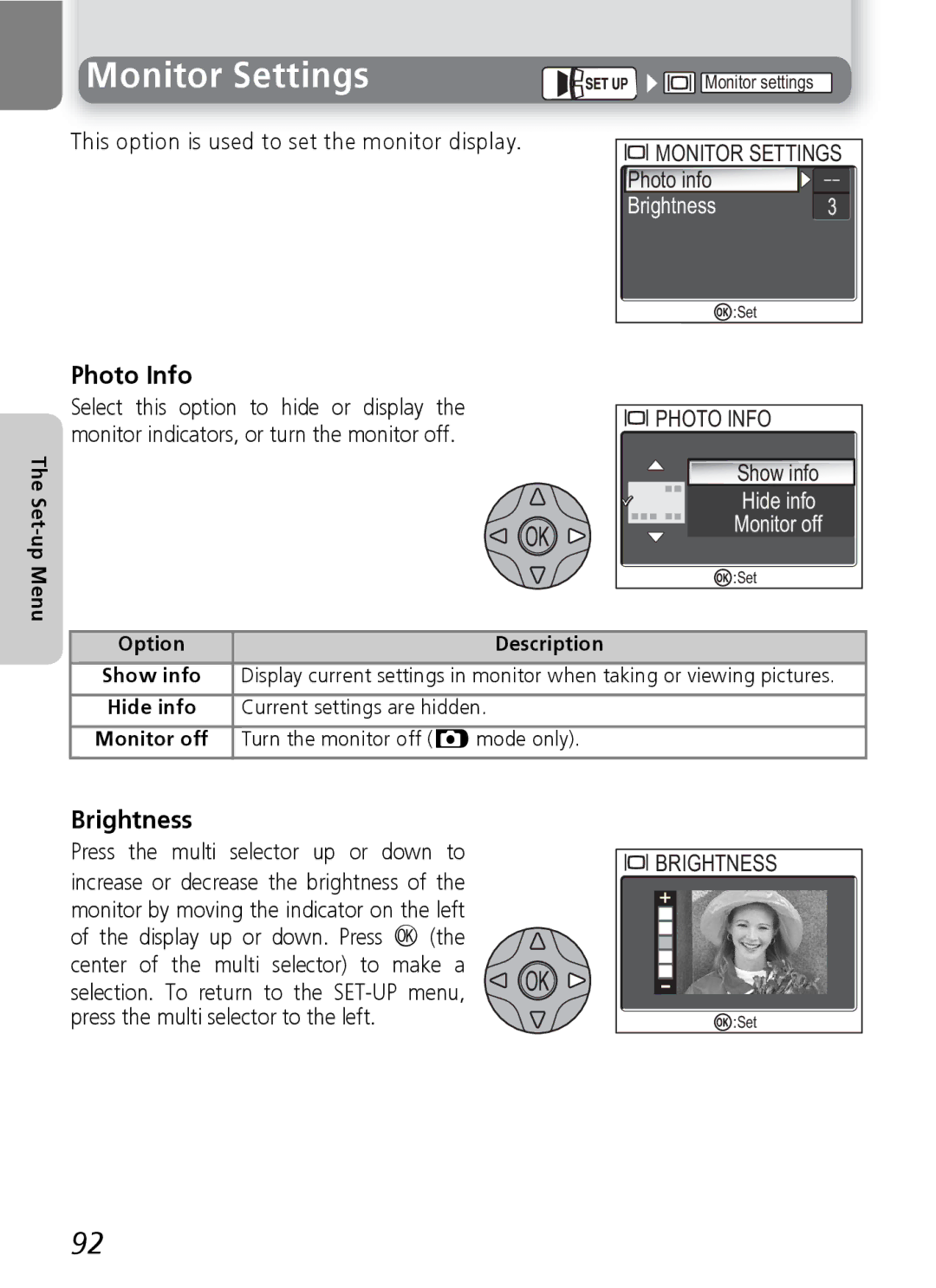 Nikon E5600, E4600 manual Monitor Settings, Photo Info, Brightness 