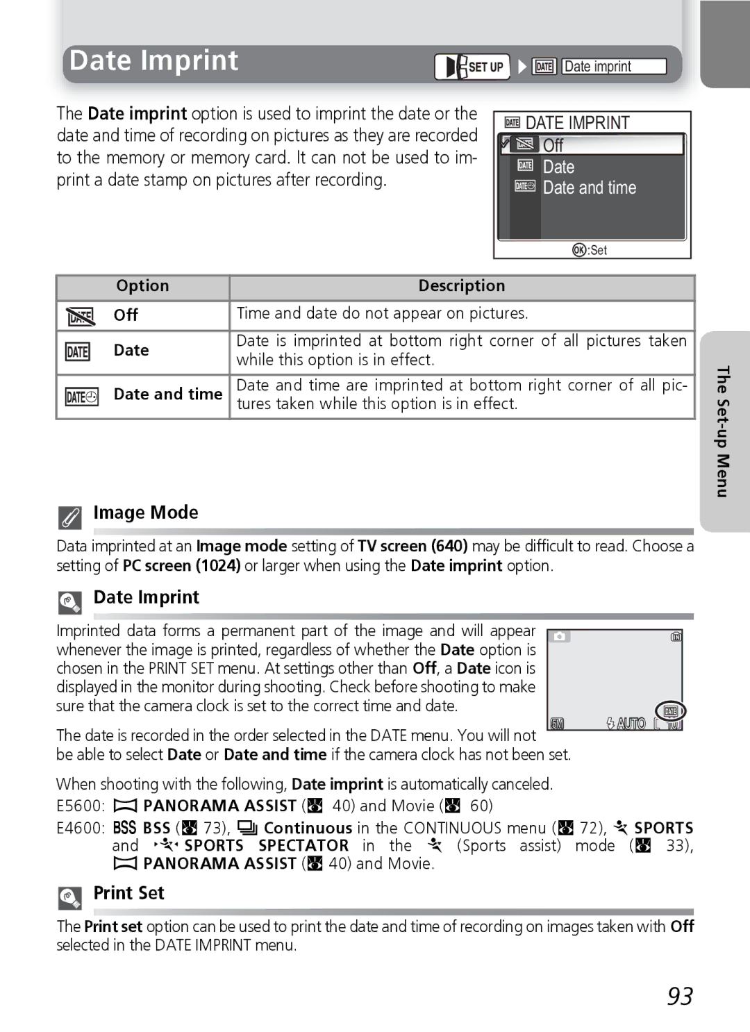 Nikon E4600, E5600 manual Date Imprint, Date Date and time 