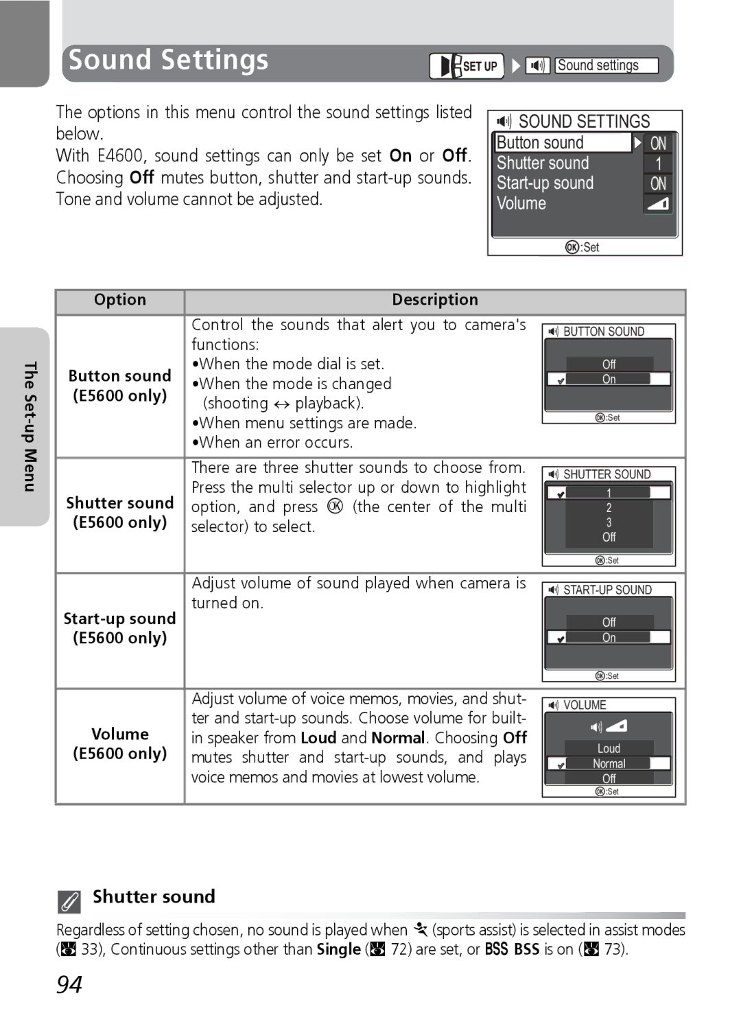 Nikon E5600, E4600 manual Sound Settings, Shutter sound Start-up sound Volume 