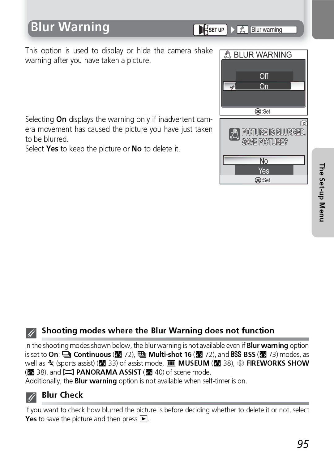 Nikon E4600, E5600 manual Shooting modes where the Blur Warning does not function, Blur Check 