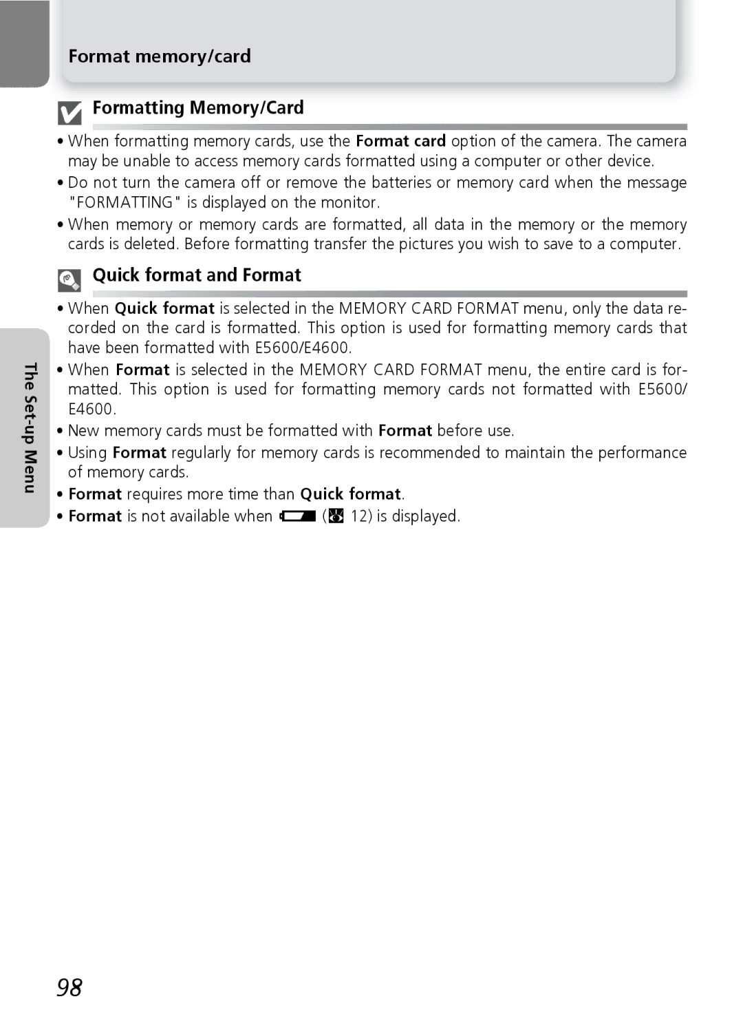 Nikon E5600, E4600 manual Format memory/card Formatting Memory/Card, Quick format and Format 
