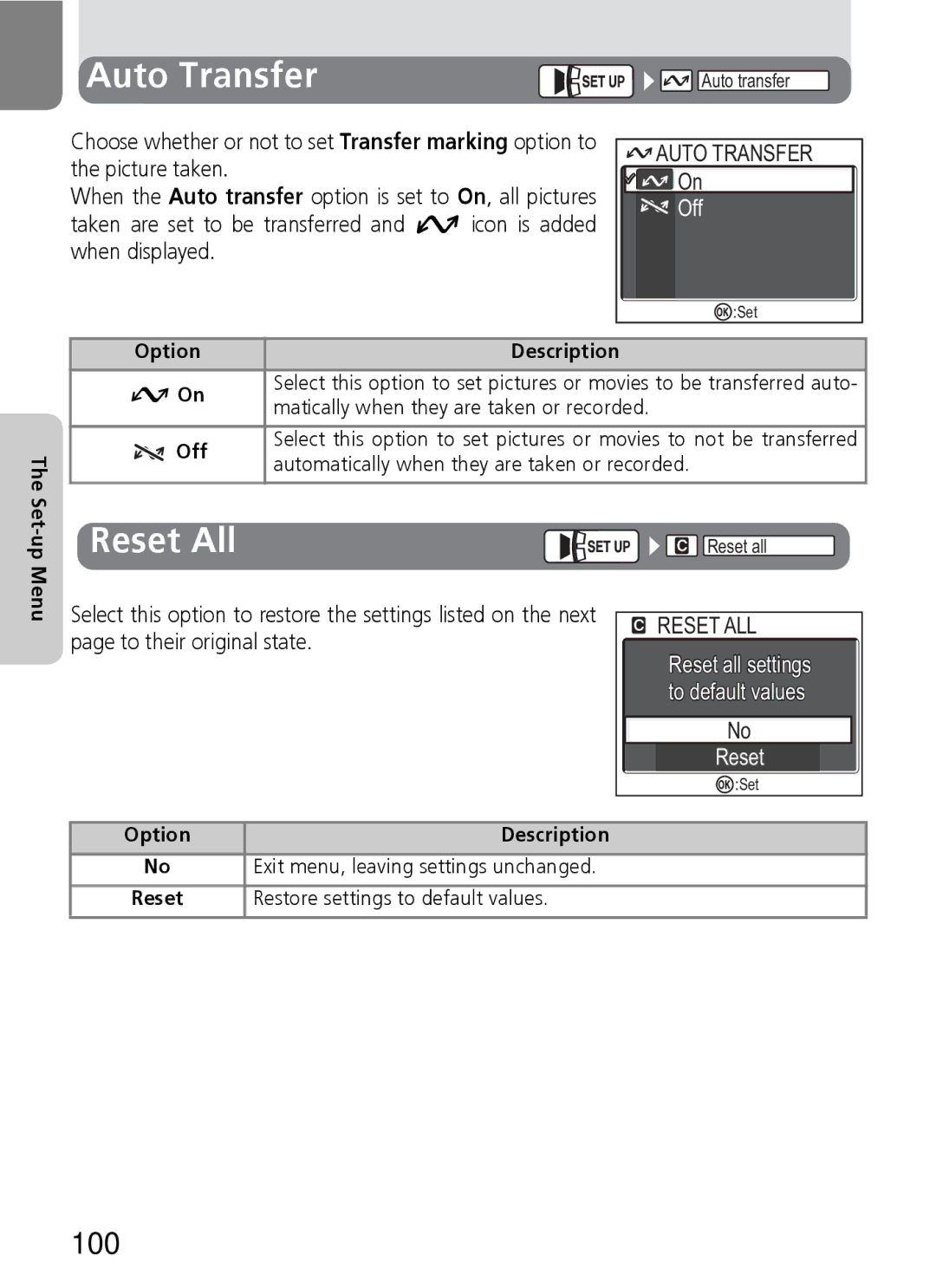 Nikon E5600, E4600 manual Auto Transfer, Reset All, 100, Reset ALL 