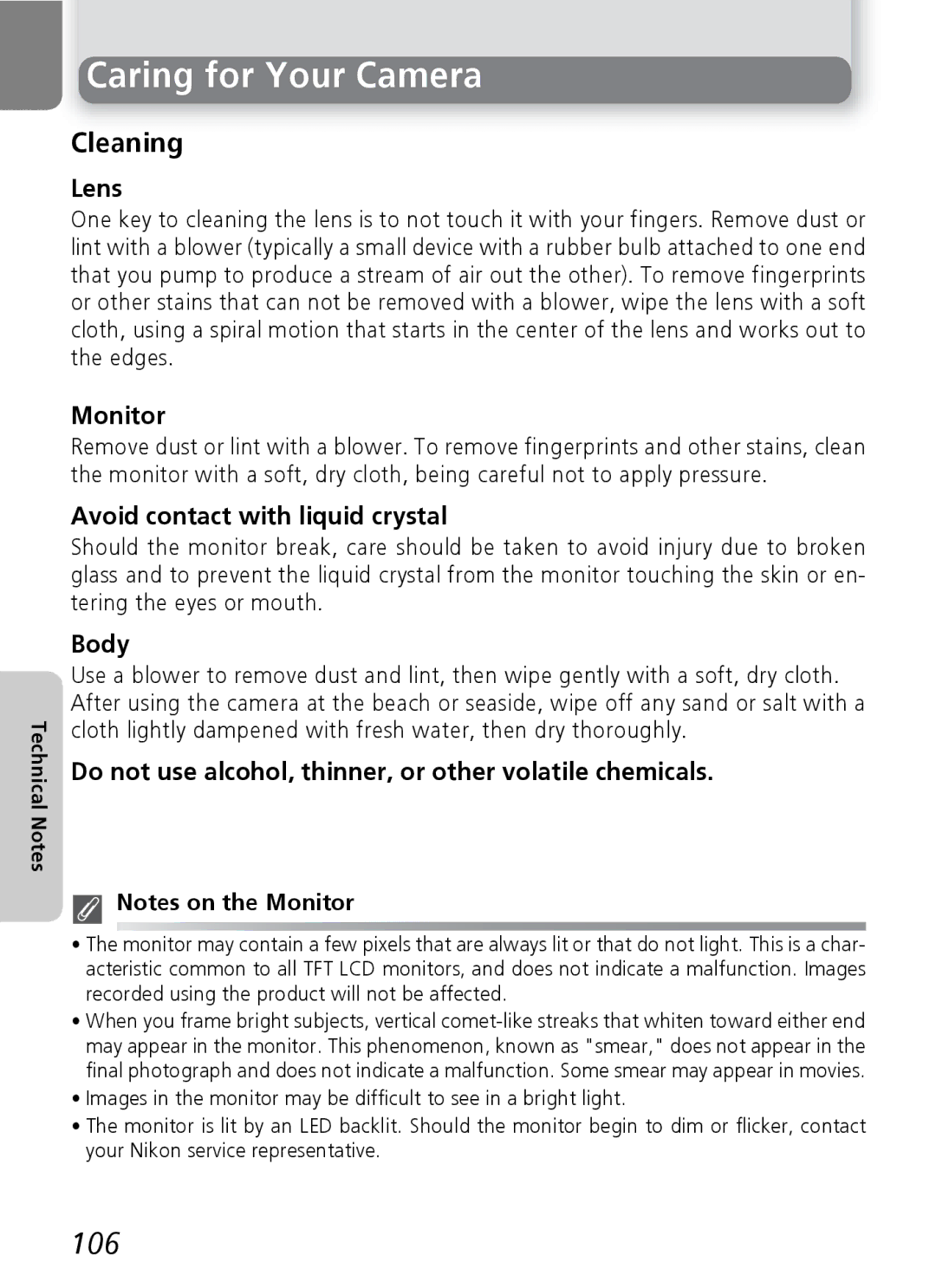 Nikon E5600, E4600 manual Caring for Your Camera, 106 