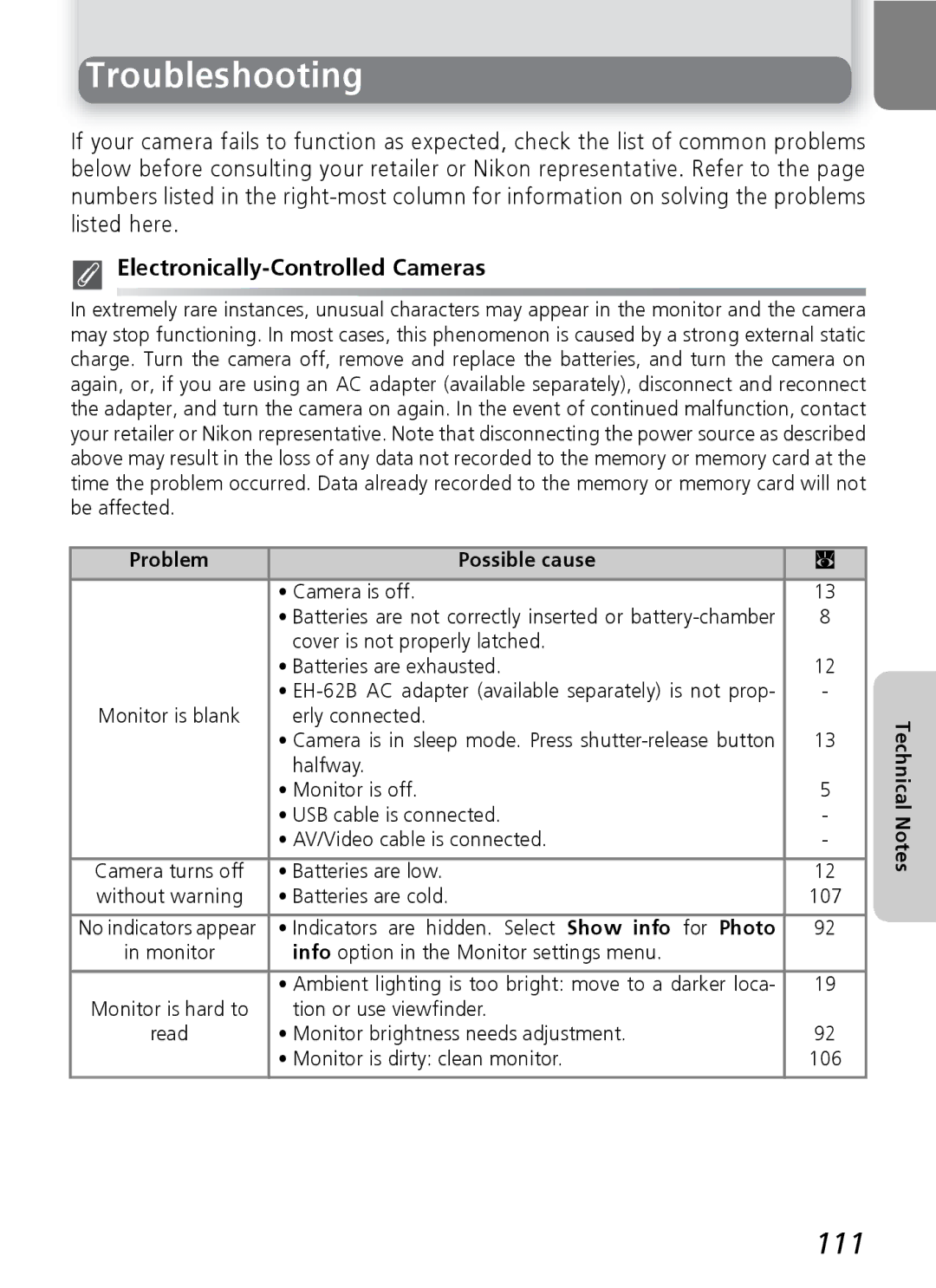 Nikon E4600, E5600 manual Troubleshooting, 111, Electronically-Controlled Cameras, Problem Possible cause 