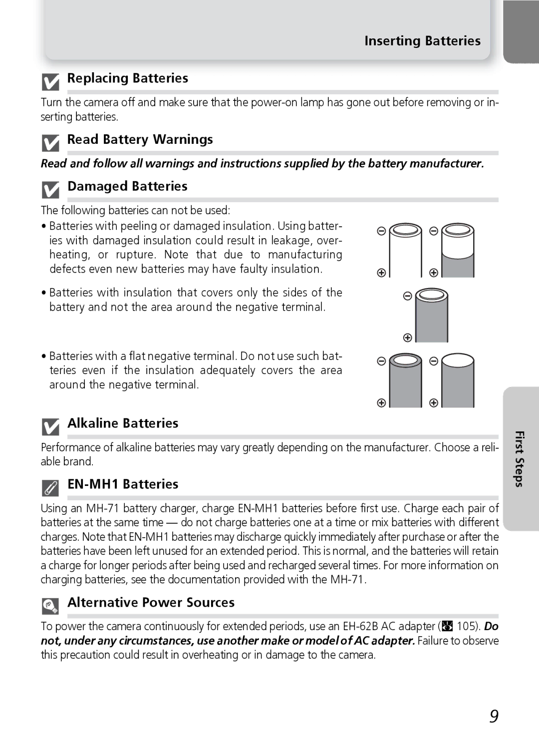 Nikon E4600, E5600 Inserting Batteries Replacing Batteries, Read Battery Warnings, Damaged Batteries, Alkaline Batteries 