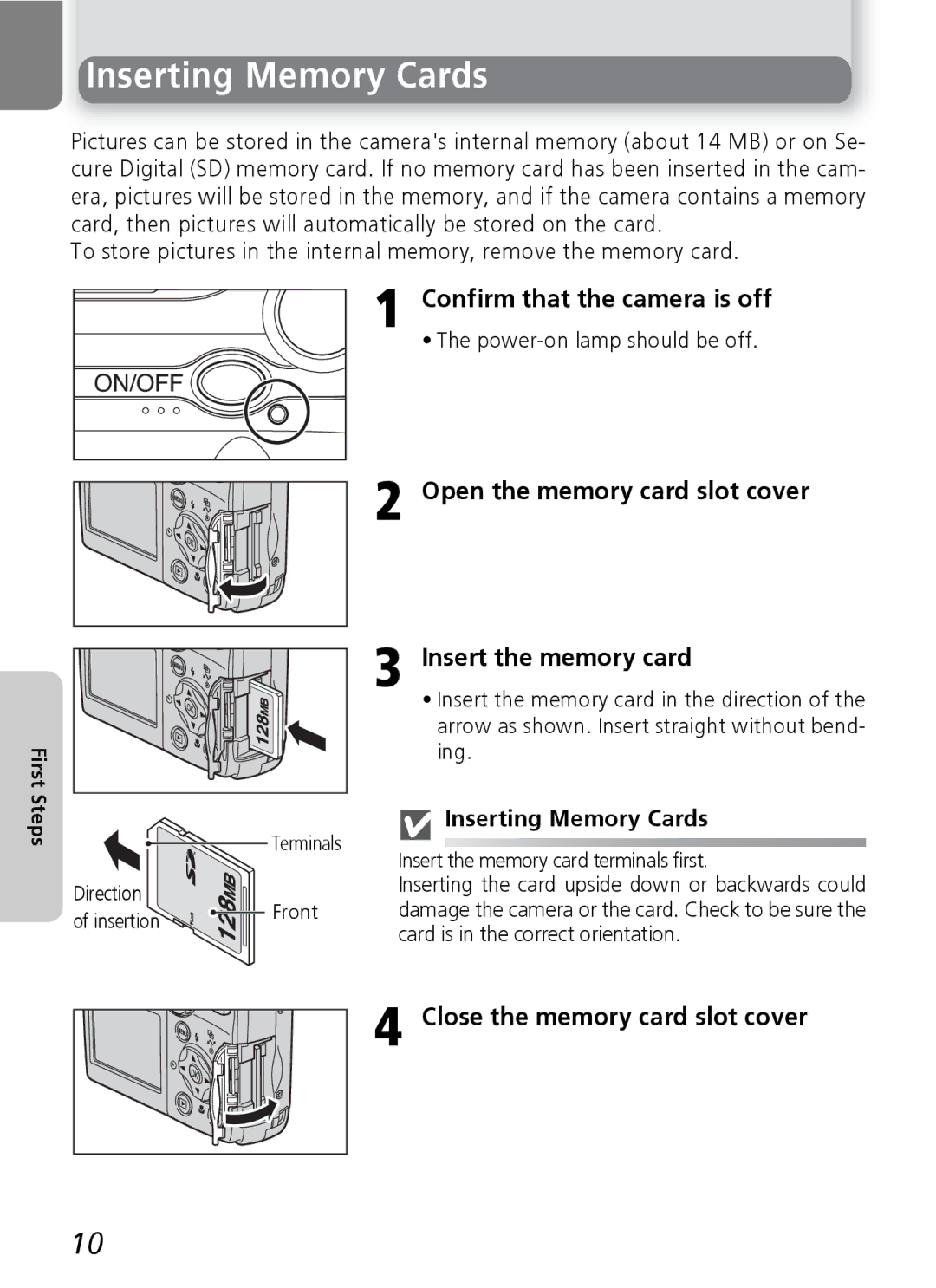 Nikon E5600, E4600 manual Inserting Memory Cards, Confirm that the camera is off, Open the memory card slot cover 