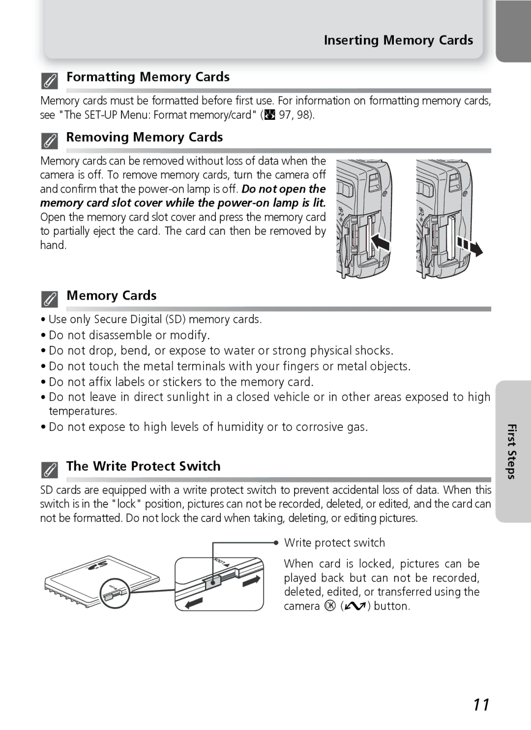 Nikon E4600, E5600 manual Inserting Memory Cards Formatting Memory Cards, Removing Memory Cards, Write Protect Switch 