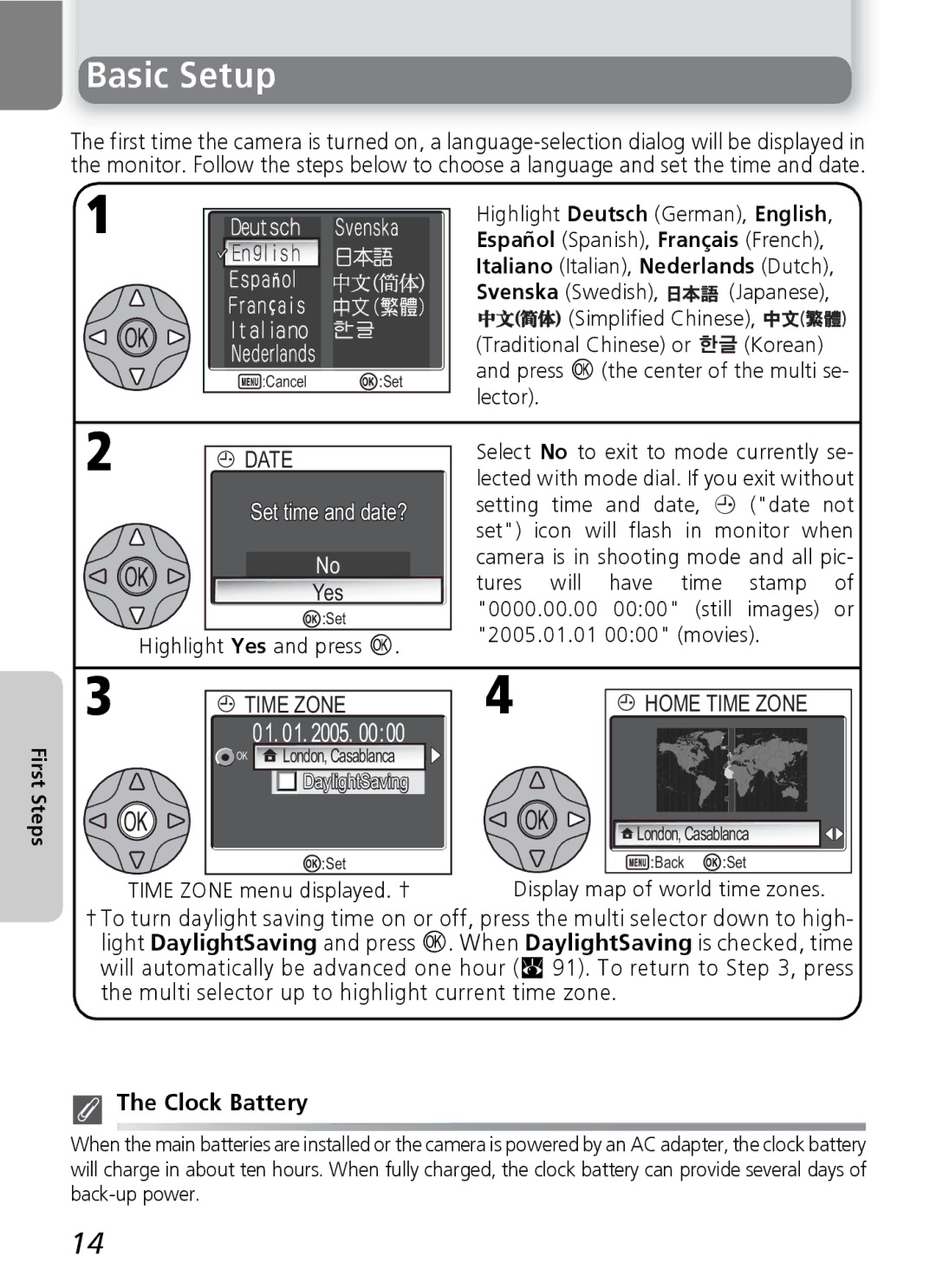 Nikon E5600, E4600 manual Basic Setup, Time Zone, Clock Battery 