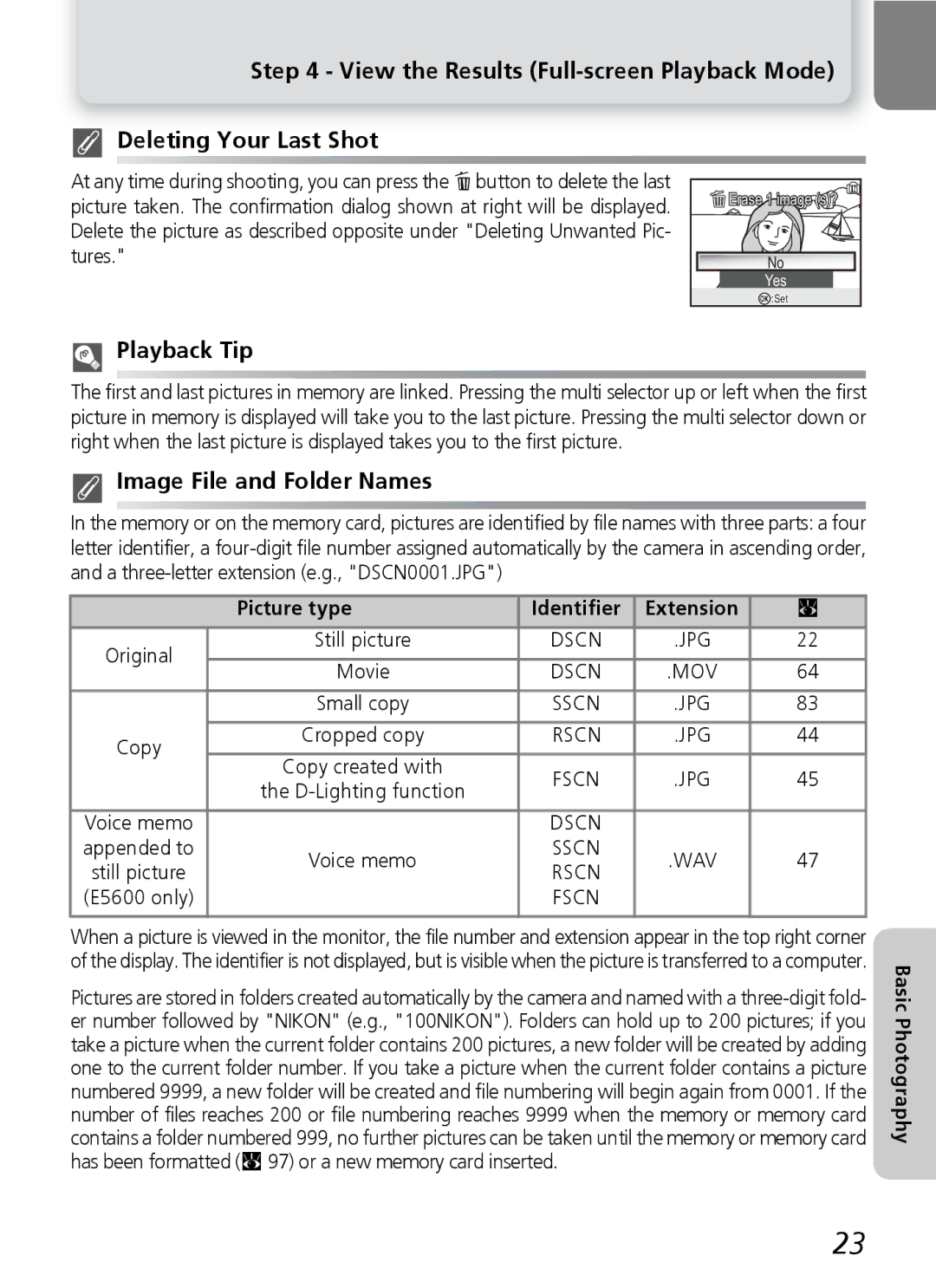 Nikon E4600, E5600 manual Playback Tip, Image File and Folder Names, Picture type Identifier Extension 