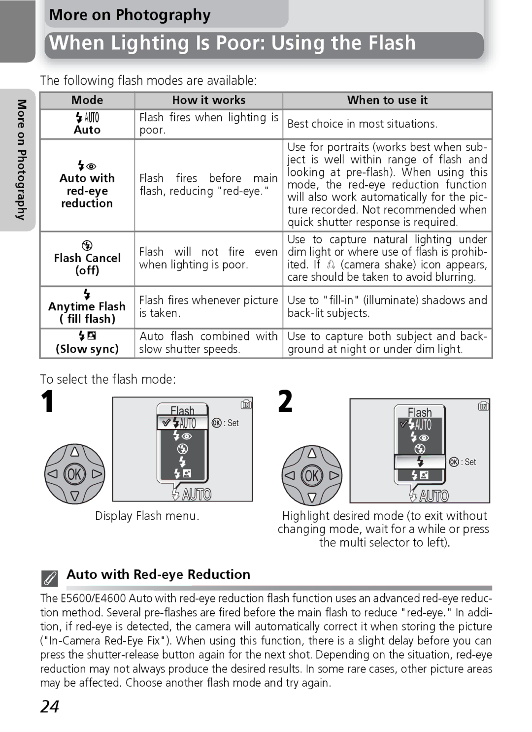 Nikon E5600, E4600 When Lighting Is Poor Using the Flash, Following flash modes are available, To select the flash mode 