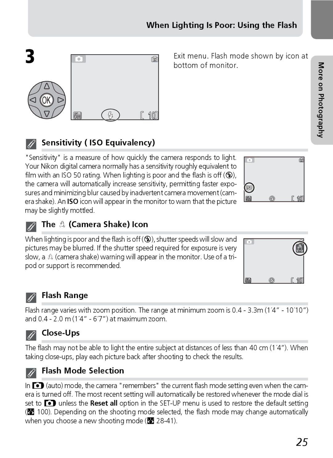 Nikon E4600 When Lighting Is Poor Using the Flash, Sensitivity ISO Equivalency, Camera Shake Icon, Flash Range, Close-Ups 