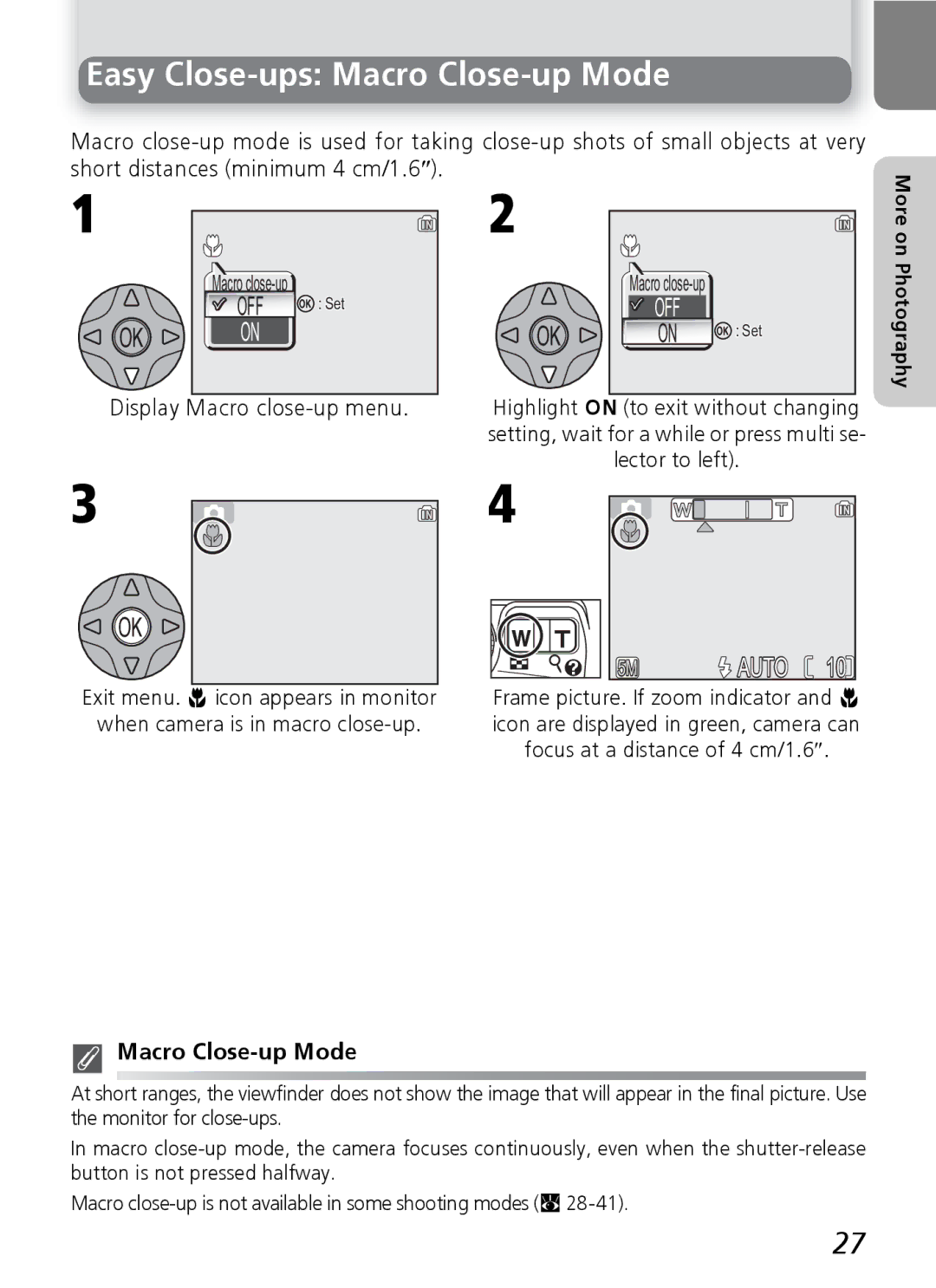 Nikon E4600, E5600 manual Display Macro close-up menu, Macro Close-up Mode 