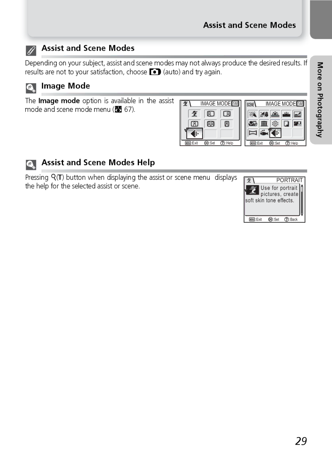 Nikon E4600, E5600 manual Image Mode, Assist and Scene Modes Help 