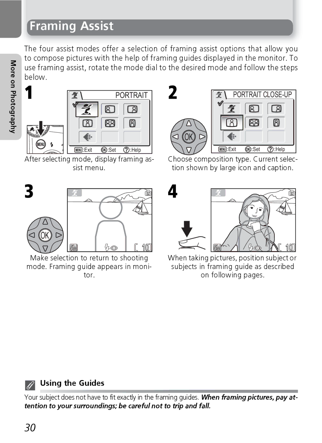 Nikon E5600 Framing Assist, After selecting mode, display framing as Sist menu, Portrait CLOSE-UP, Using the Guides 