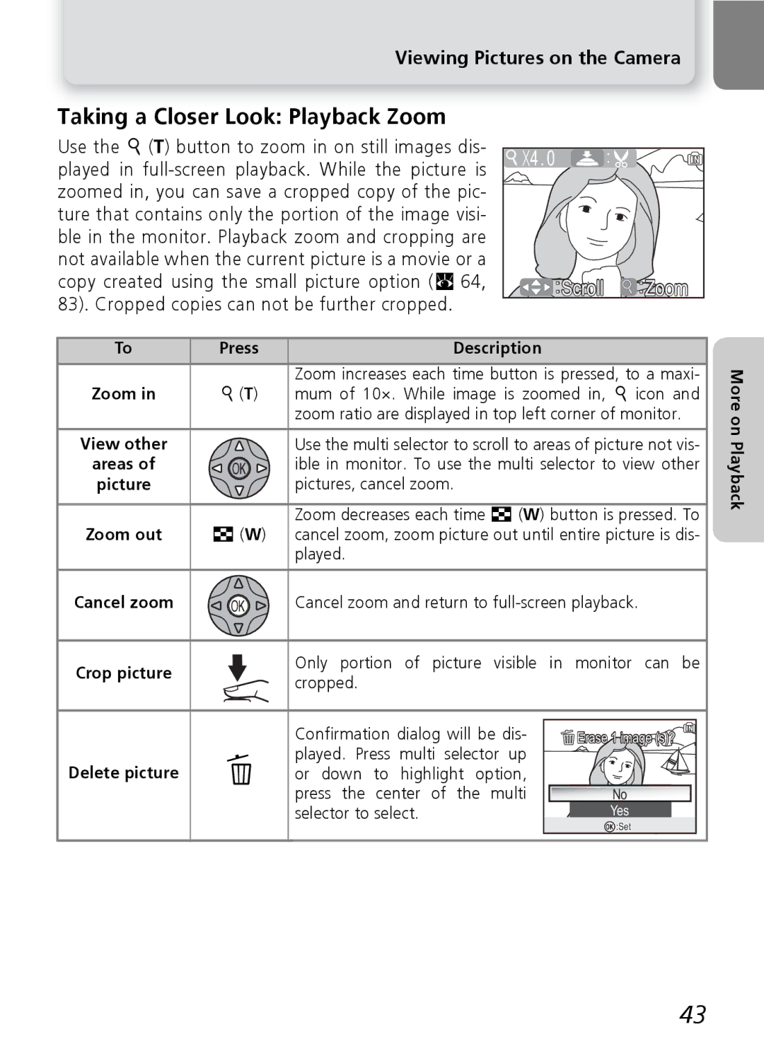 Nikon E4600, E5600 manual Viewing Pictures on the Camera, View other, Zoom out, Delete picture 