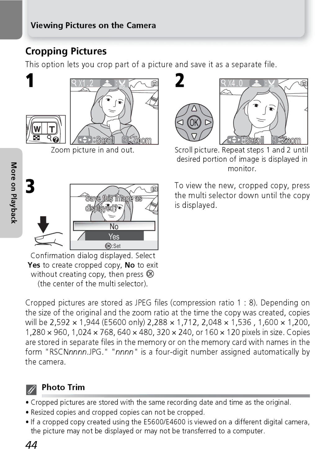 Nikon E5600, E4600 manual Zoom picture in and out, Save this image as displayed? Yes, Photo Trim, On Playback 