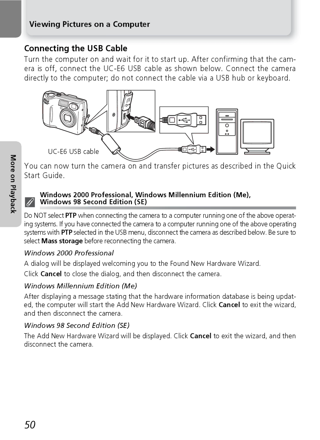 Nikon E5600, E4600 manual Connecting the USB Cable, Viewing Pictures on a Computer, UC-E6 USB cable 