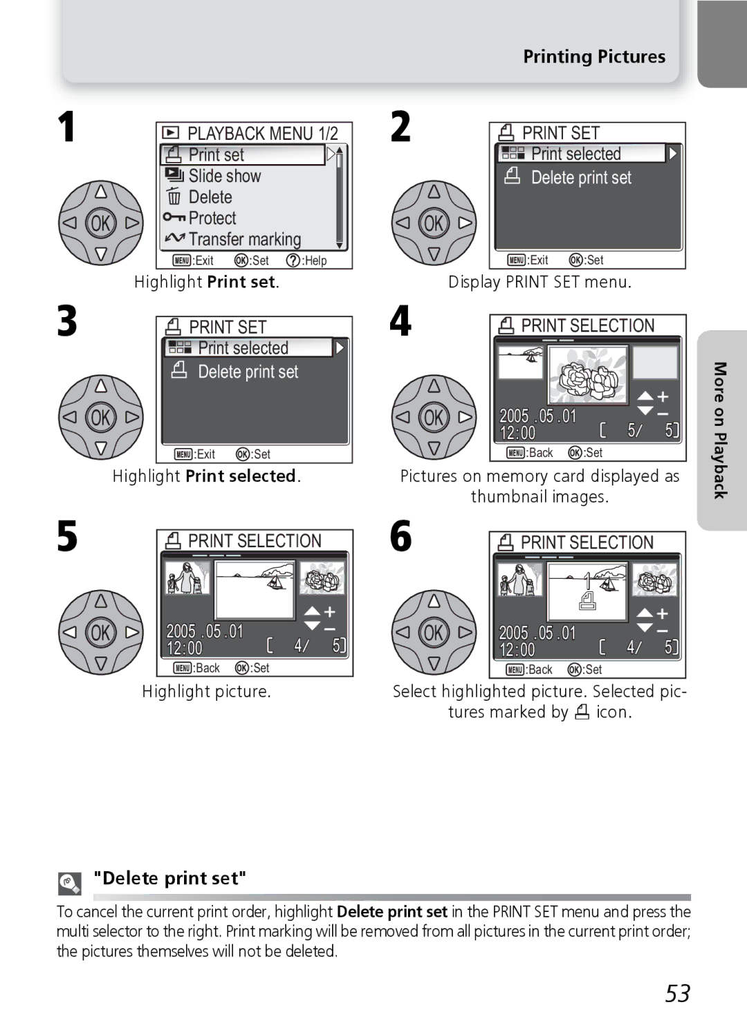 Nikon E4600, E5600 manual Printing Pictures, Highlight Print selected, Delete print set 