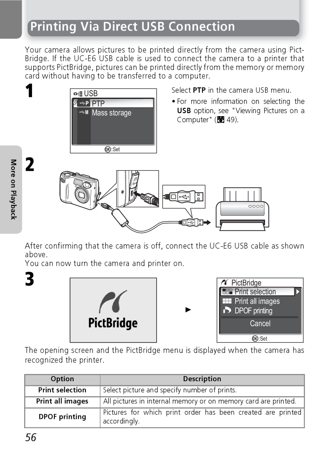 Nikon E5600, E4600 manual Printing Via Direct USB Connection, Usb, Ptp, Mass storage, Cancel 