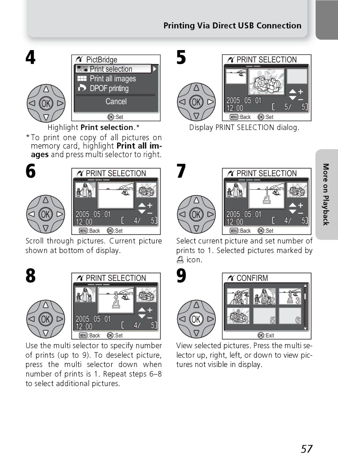 Nikon E4600 Printing Via Direct USB Connection, Print all images Dpof printing Cancel, Display Print Selection dialog 