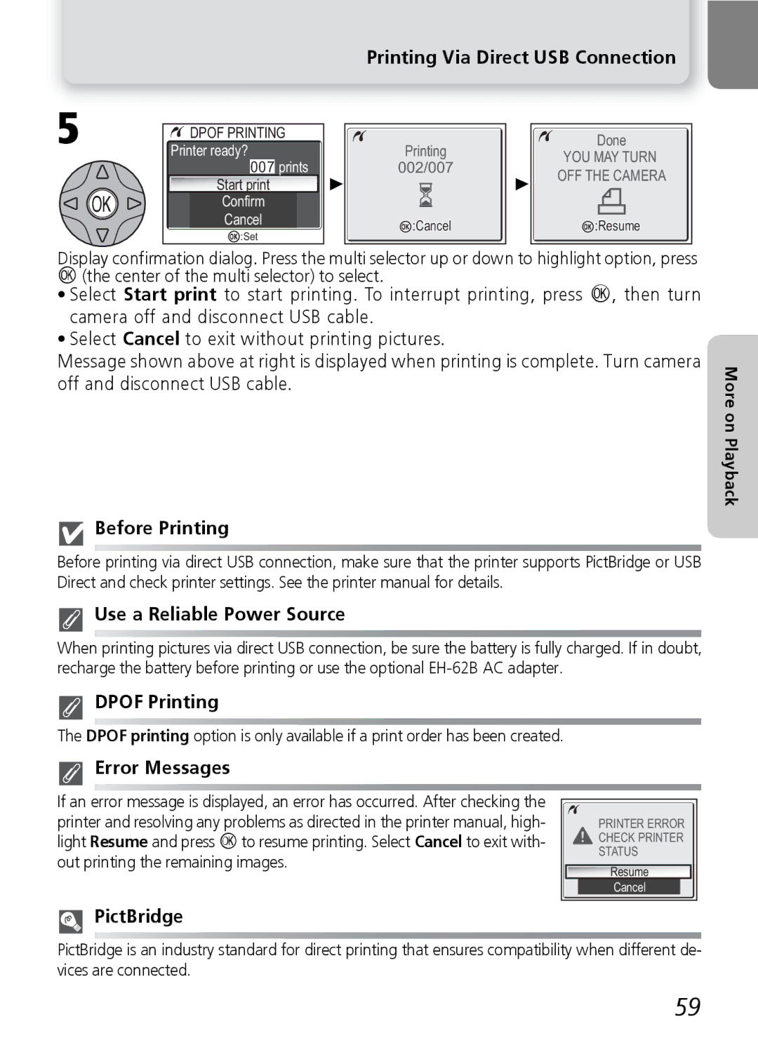 Nikon E4600, E5600 manual Before Printing, Use a Reliable Power Source, Dpof Printing, Error Messages, PictBridge 