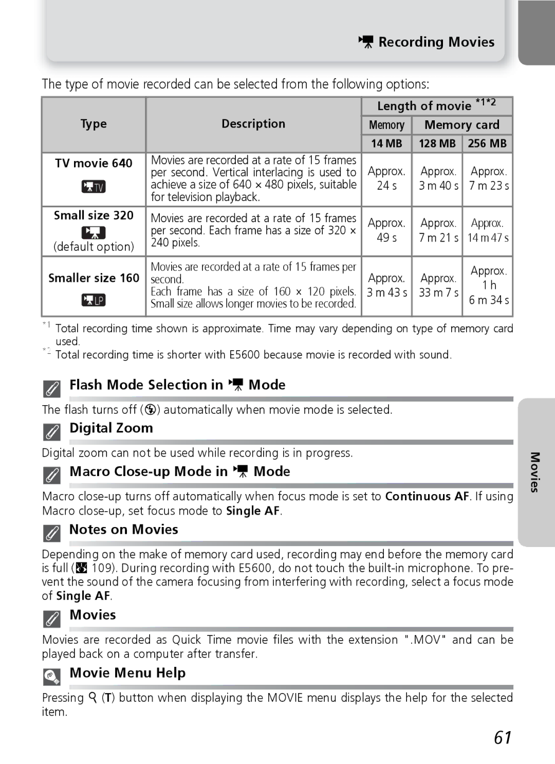 Nikon E4600, E5600 manual Recording Movies, Flash Mode Selection in W Mode, Macro Close-up Mode in W Mode, Movie Menu Help 