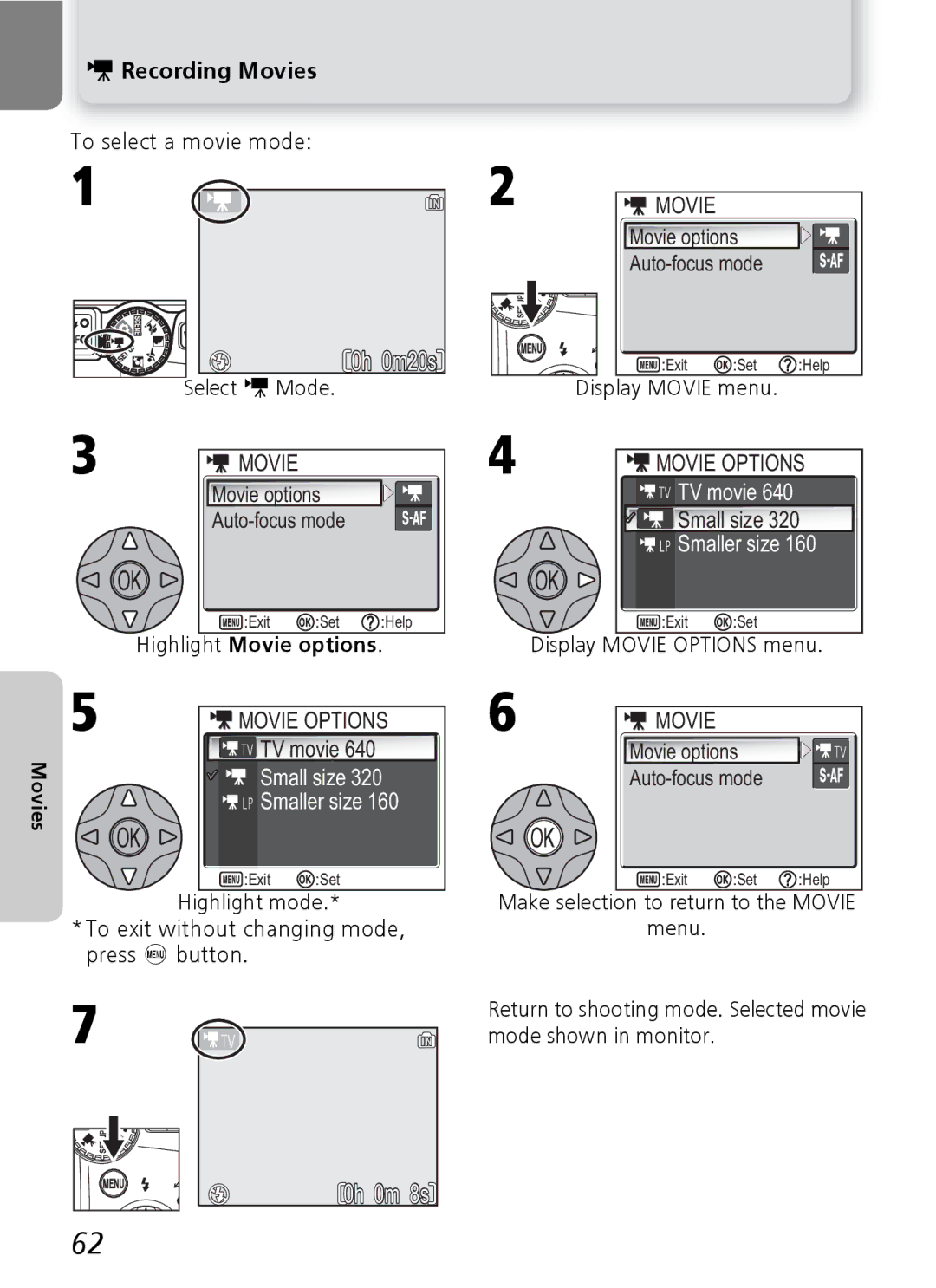 Nikon E5600 Movie Movie Options, Small size Smaller size, Highlight mode To exit without changing mode, press button 