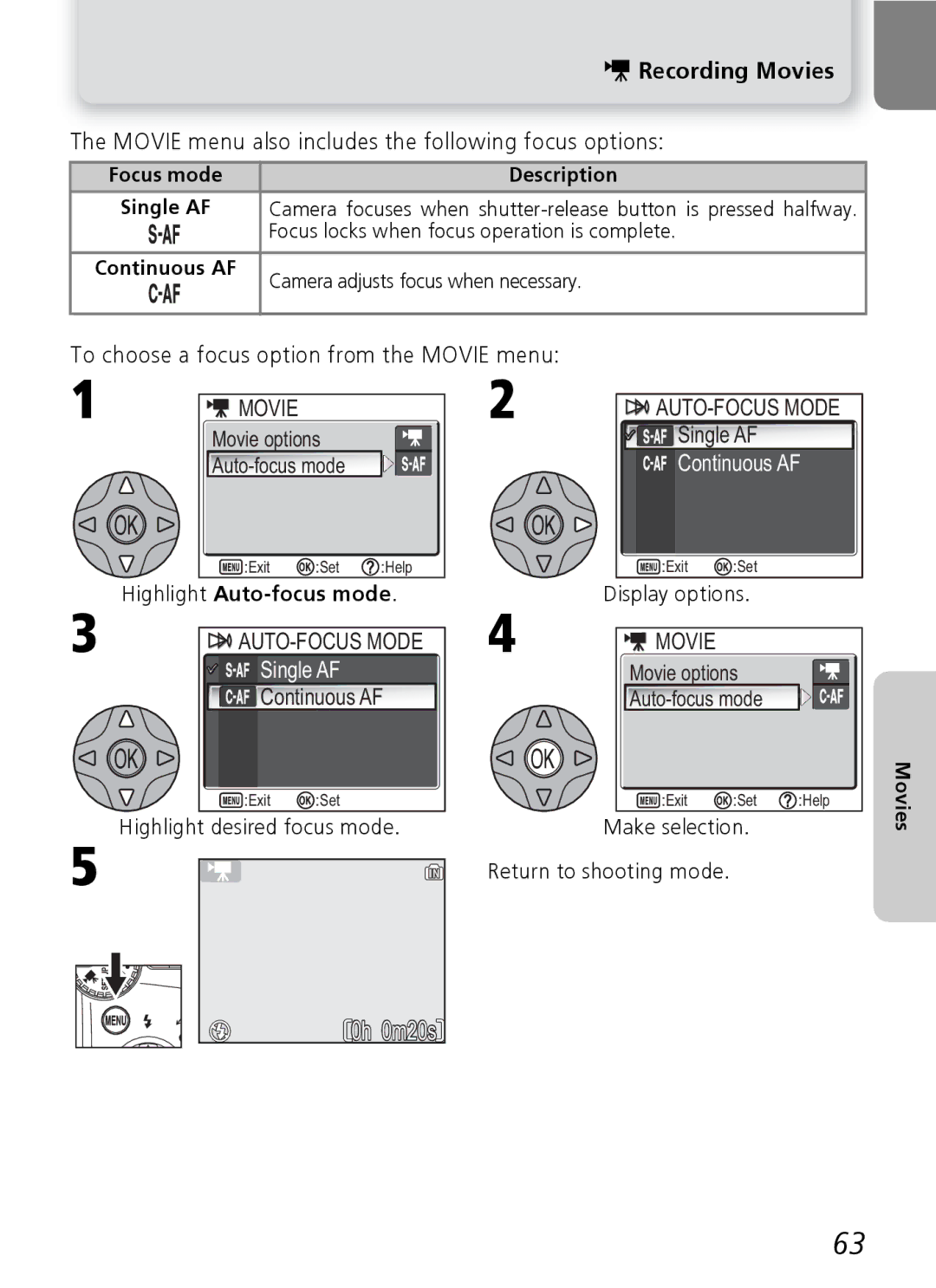 Nikon E4600, E5600 manual AUTO-FOCUS Mode, Continuous AF, Highlight Auto-focus mode, Single AF 