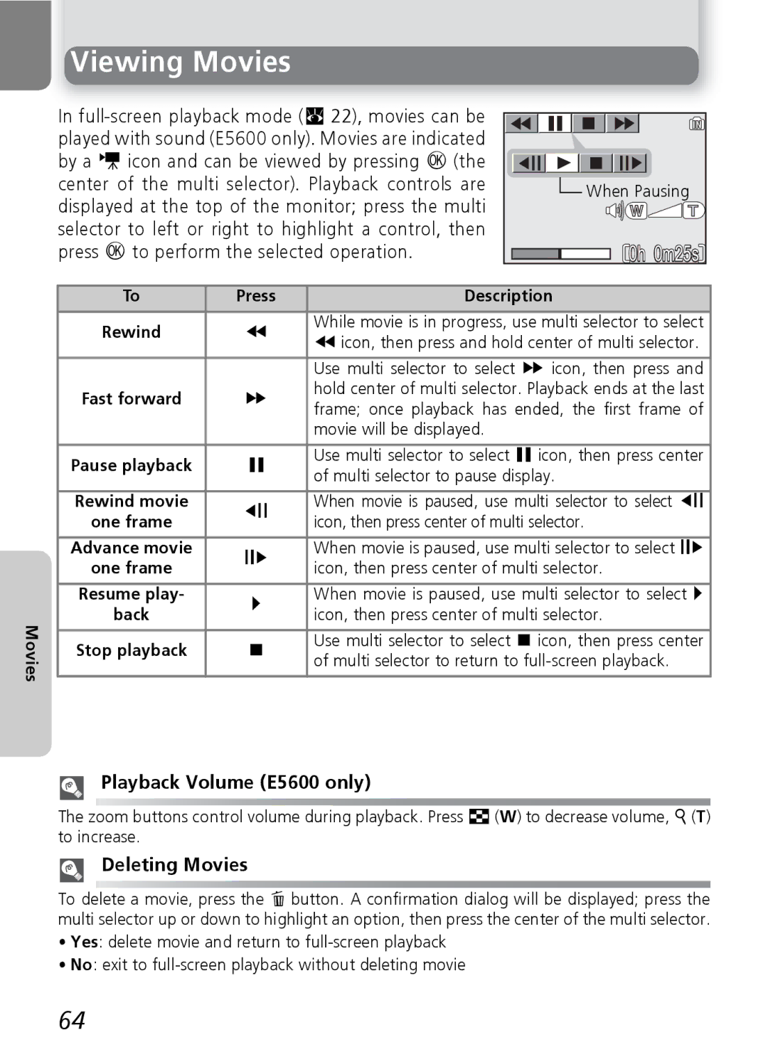 Nikon E4600 manual Viewing Movies, Playback Volume E5600 only, Deleting Movies 