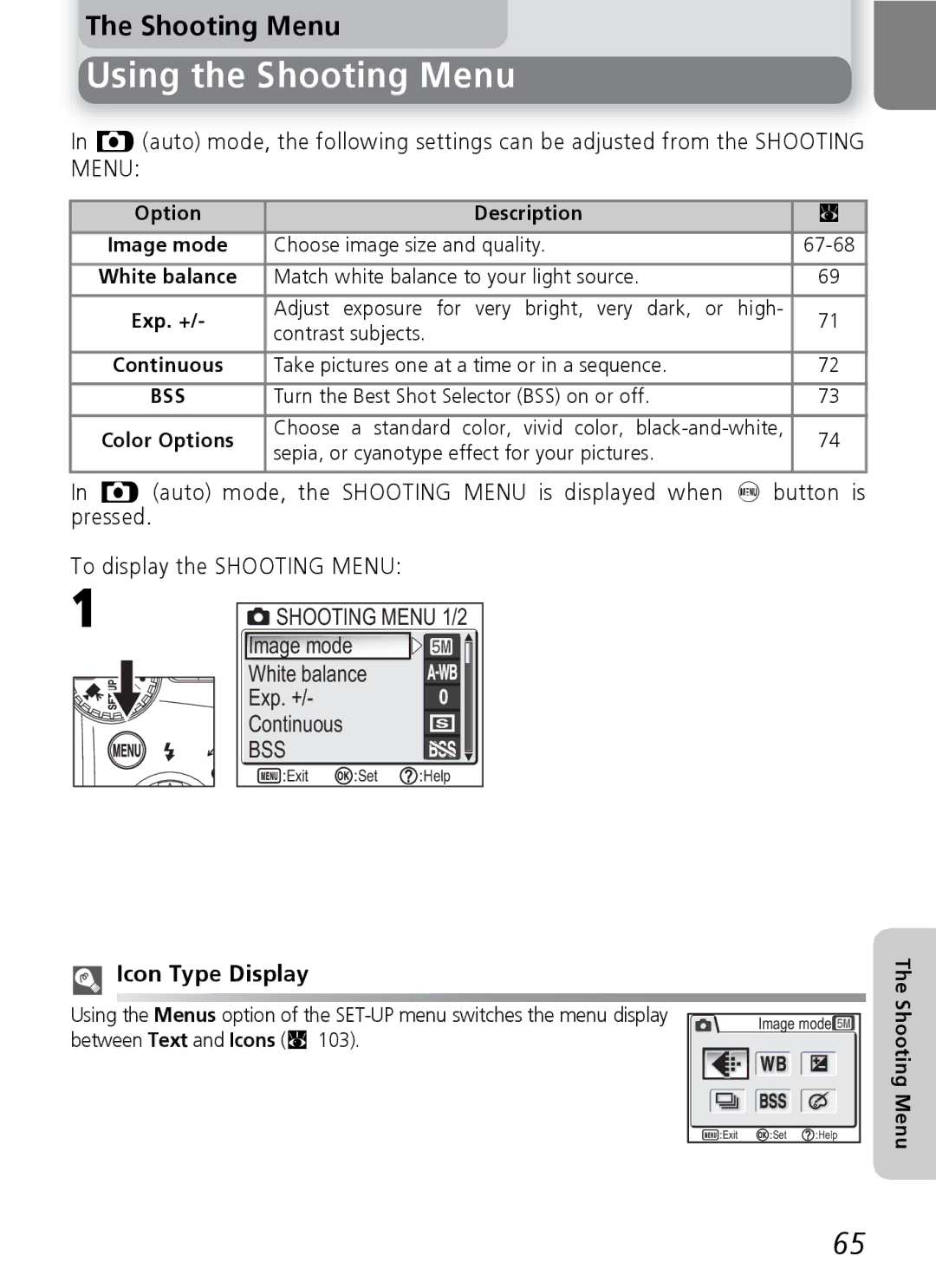 Nikon E4600, E5600 manual Using the Shooting Menu, Bss, Icon Type Display 