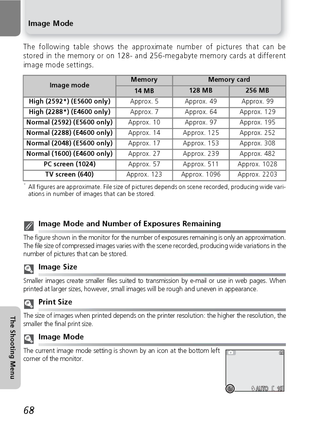 Nikon E5600, E4600 Image Mode and Number of Exposures Remaining, Image Size, Print Size, Image mode Memory Memory card 