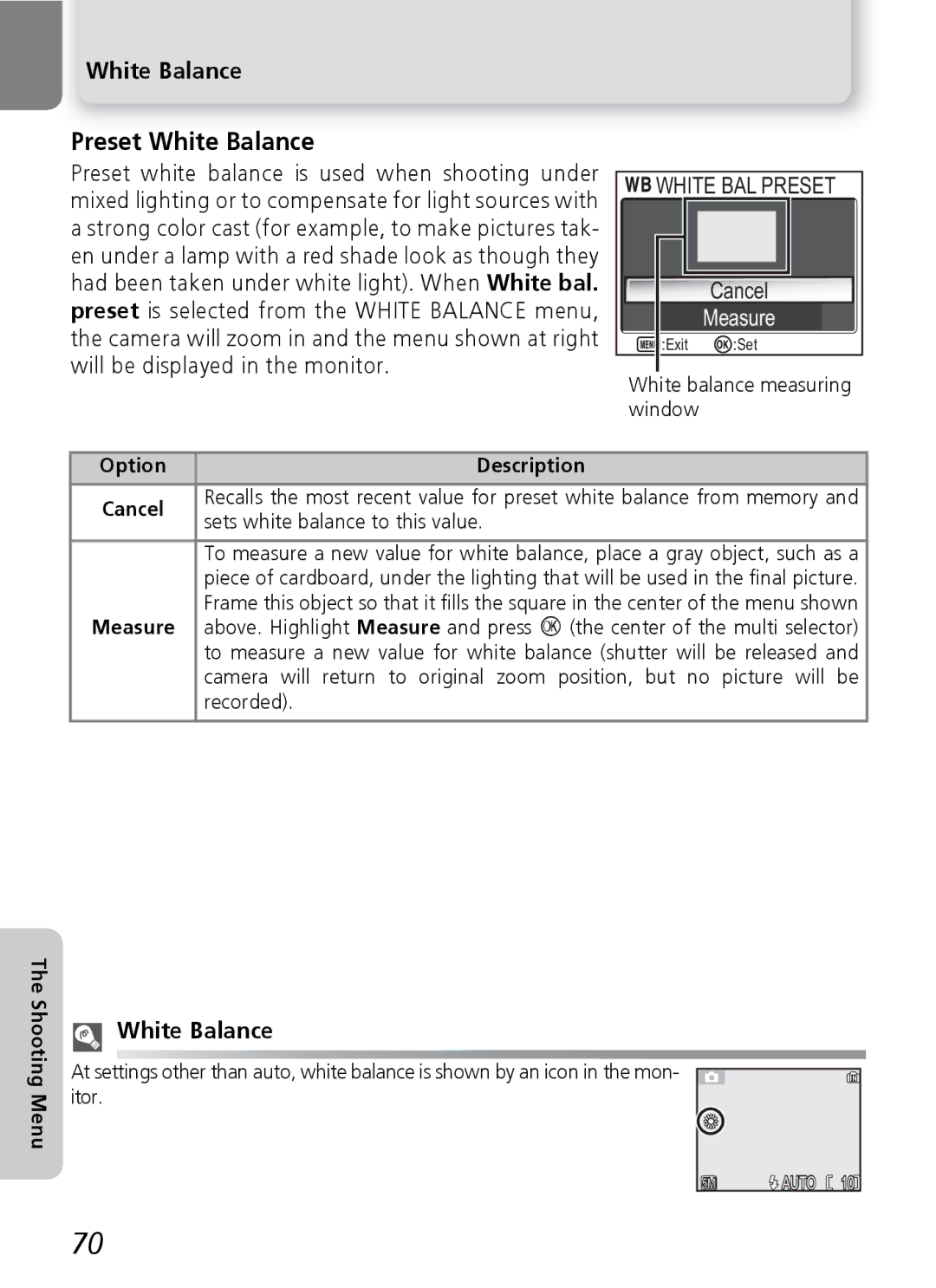 Nikon E5600, E4600 manual Preset White Balance, White BAL Preset, Measure, Shooting Menu Option Description 