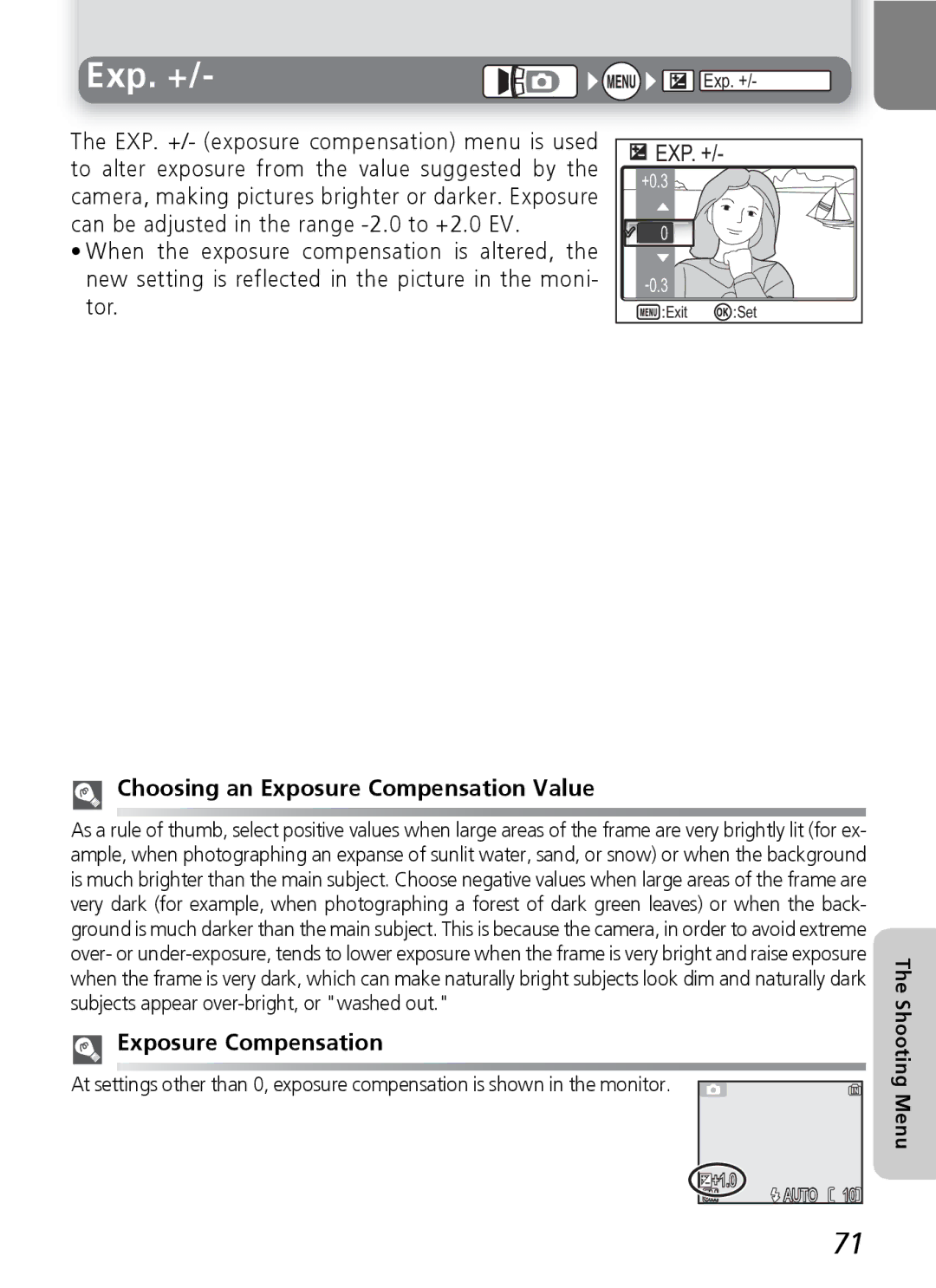 Nikon E4600, E5600 manual Exp. +, Choosing an Exposure Compensation Value 